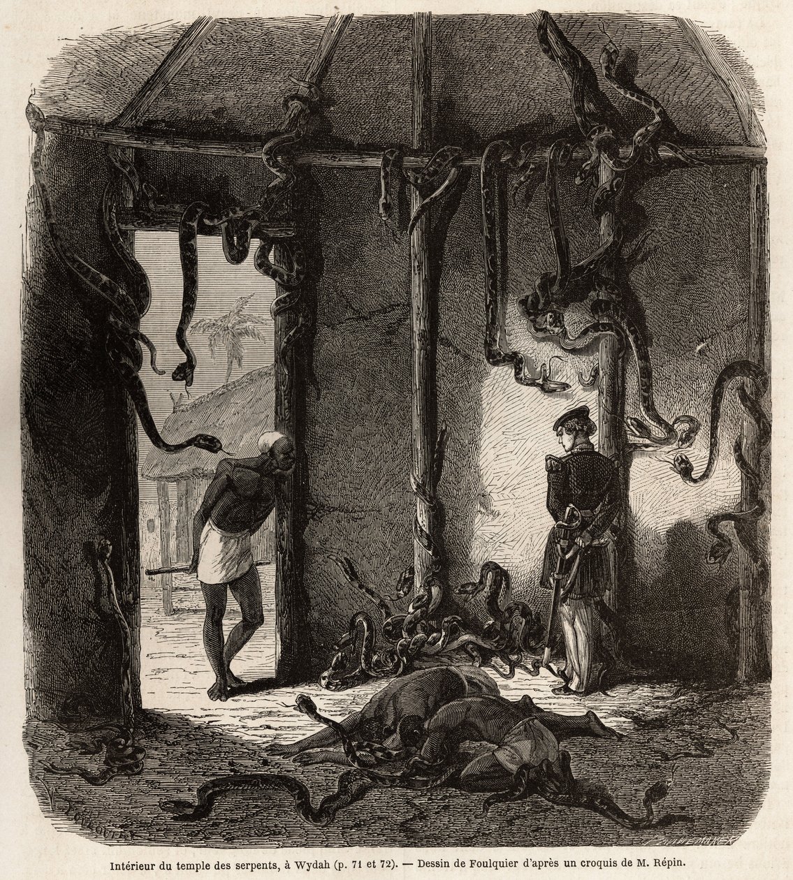 Im Inneren des Tempels der Fetisch-Schlangen, in Wydah, in Dahomey (heutiges Benin), Zeichnung von Jean Antoine Foulquier (1822-1896), zur Illustration der Reise von Dr. Repin nach Dahomey im Jahr 1860. Gravur in Le Tour du Monde, herausgegeben von Edouard von Jean Antoine Valentin Foulquier