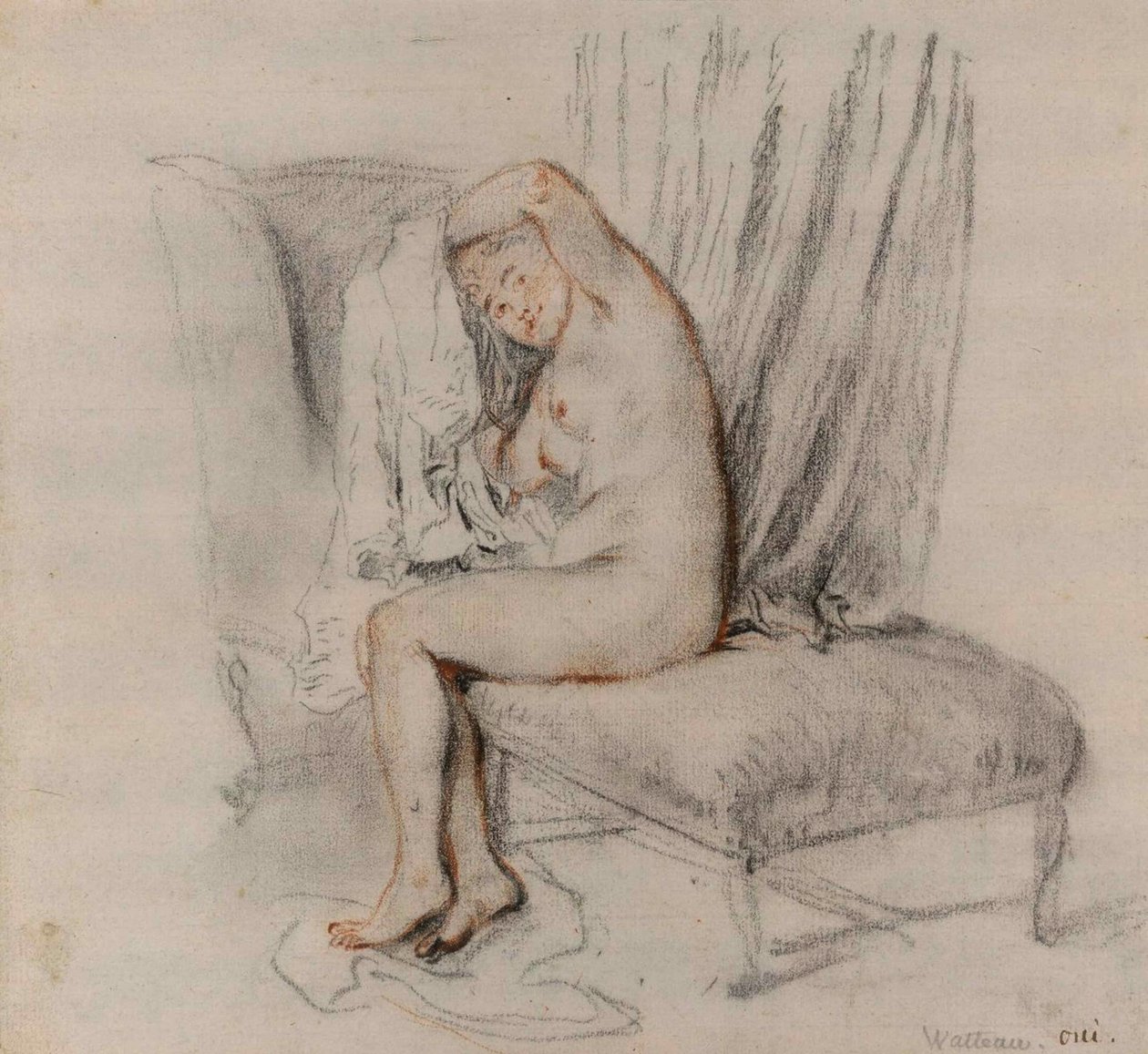 Nackte Frau zieht ihr Hemd aus von Jean Antoine Watteau