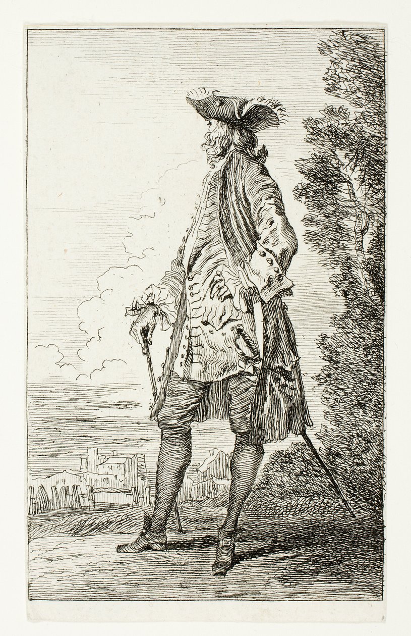 Stehender Mann mit Hut, nach links gewandt, aus Figures de Modes von Jean Antoine Watteau