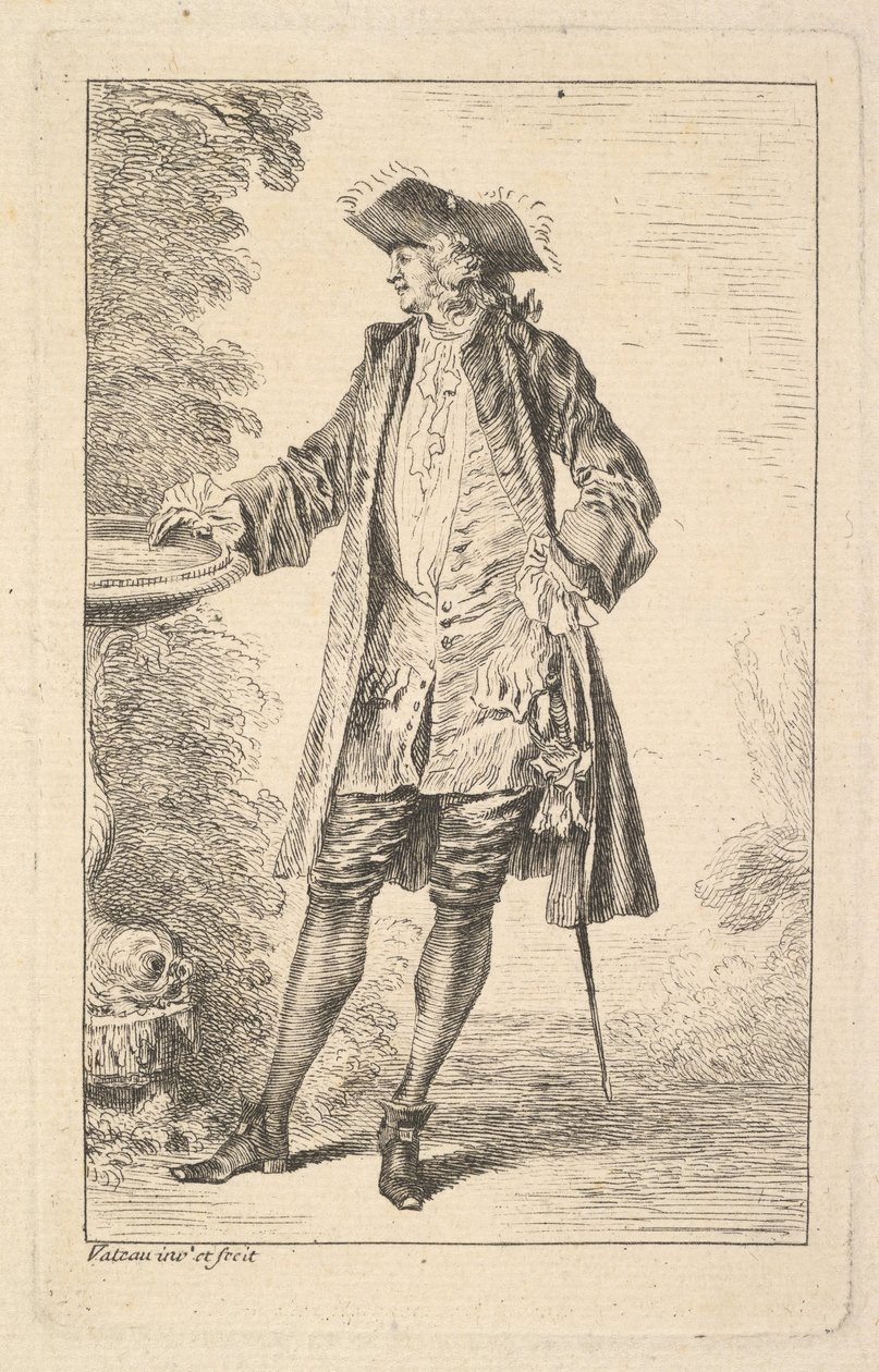 Stehender Mann mit seiner rechten Hand auf einem Becken ruhend, in Dreiviertelansicht, ca. 1710 von Jean Antoine Watteau