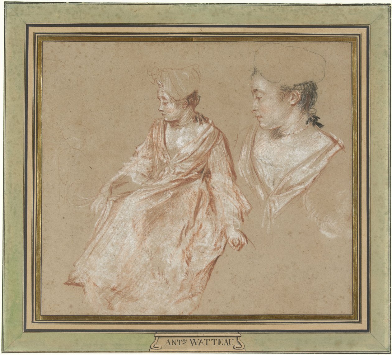 Studien einer sitzenden Frau und ein Detail ihres Kopfes und ihrer Schultern von Jean Antoine Watteau