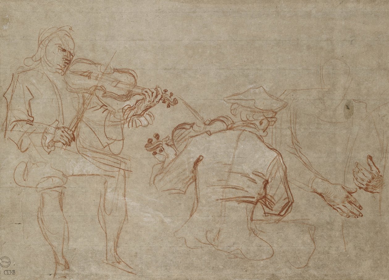 Studie von zwei Geigern und einem Paar Hände, die einen Arm halten von Jean-Antoine Watteau