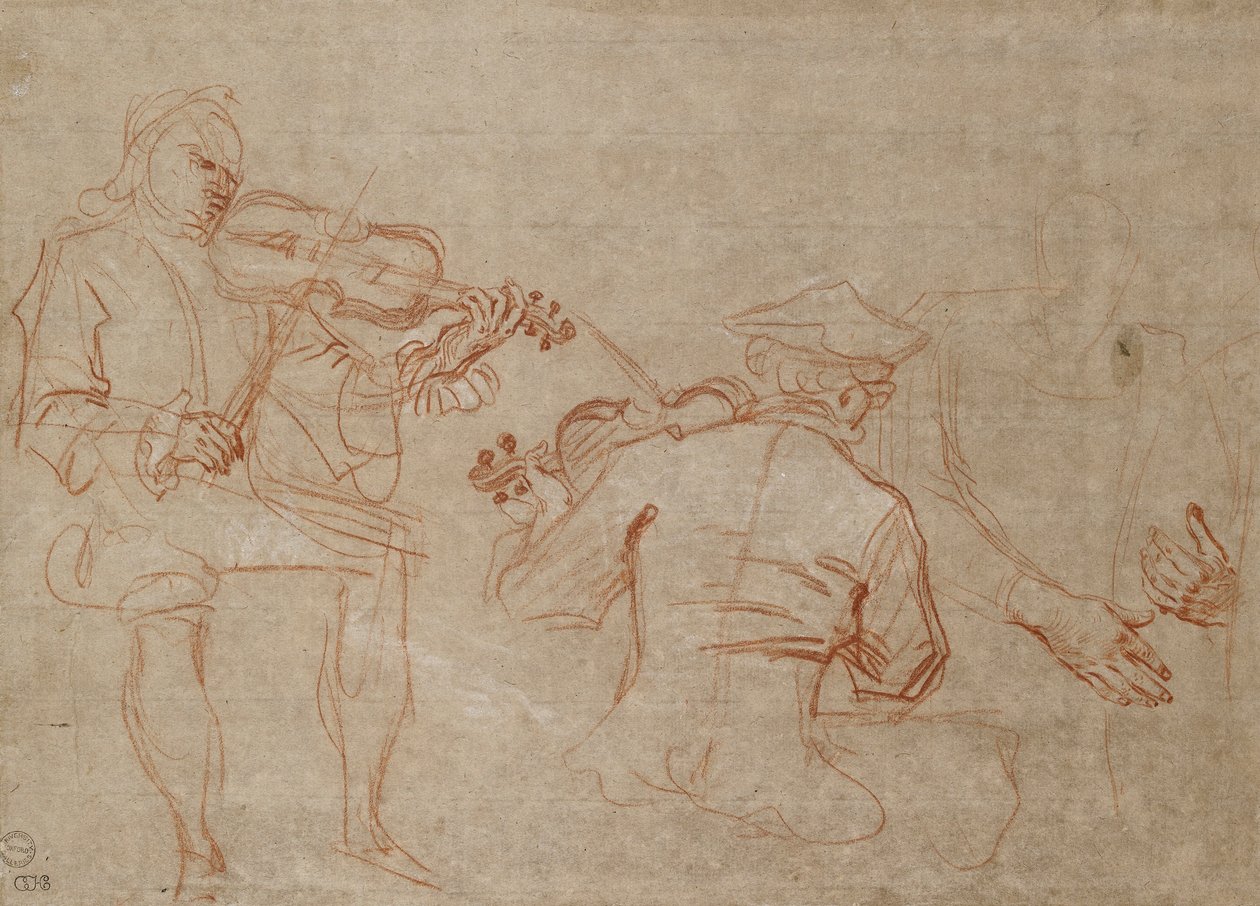 Studie von zwei Geigern und einem Paar Hände, die einen Arm halten, rechts, um 1716 von Jean Antoine Watteau