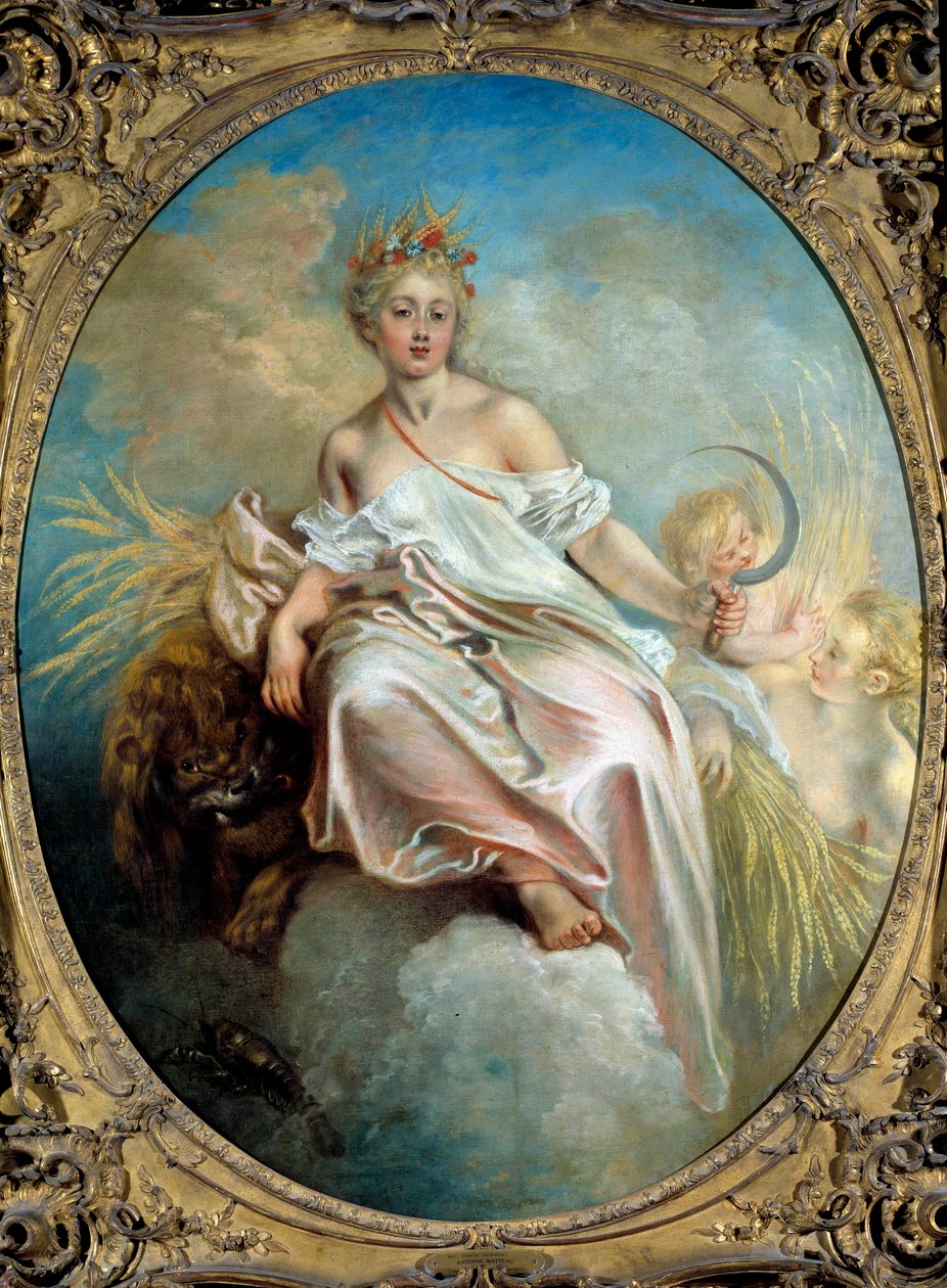 Sommer Allegorie der Jahreszeiten, eine junge Frau hält eine Sichel in der Hand von Jean Antoine Watteau