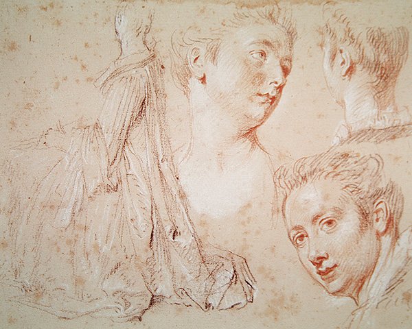 Drei Köpfe und eine sitzende Frau, ca. 1716 von Jean Antoine Watteau