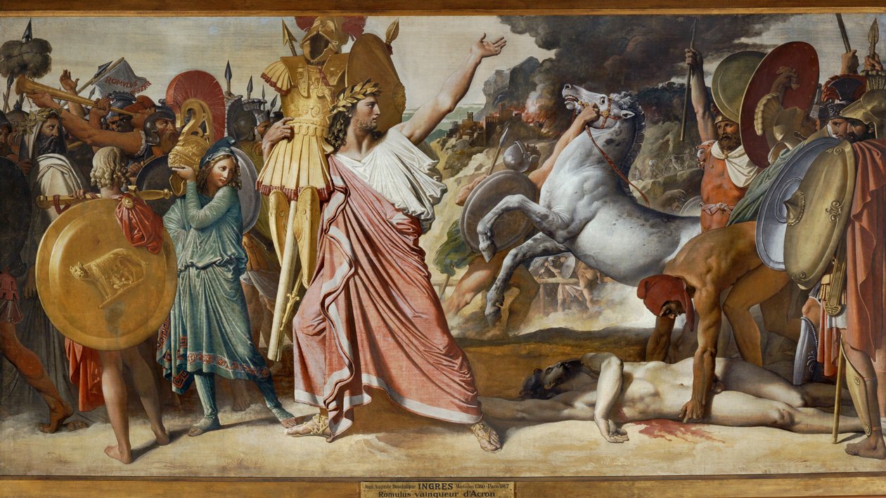Romulus, siegreich gegen Acron, trägt Acrons Körper zum Tempel des Jupiter von Jean Auguste Dominique Ingres