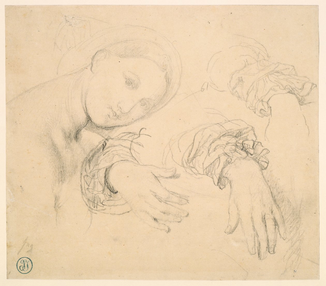 Blatt mit Studien des Kopfes der Fornarina und der Hände von Madame de Senonnes von Jean Auguste Dominique Ingres