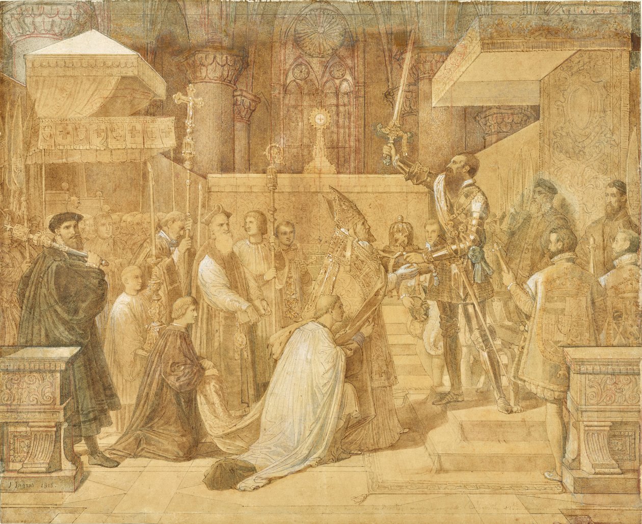 Der Herzog von Alba empfängt den Segen des Papstes in der Kathedrale von Sainte-Gudule, Brüssel von Jean Auguste Dominique Ingres