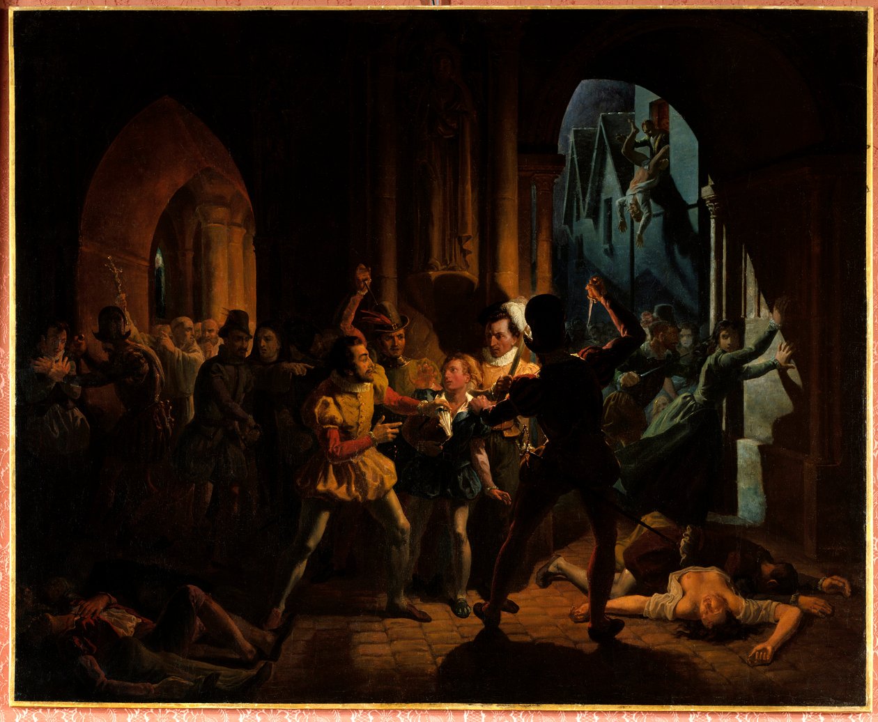 Maximilian von Béthune entkommt dem Massaker von Saint Barthelemy. Maximilian von Béthune (der spätere Herzog von Sully 1559-1641), aufgezogen am Kollegium von Burgund in Paris, wurde von Heinrich von Navarra (1553-1610) gerettet und wurde sein Begleiter von Jean Auguste Dubouloz