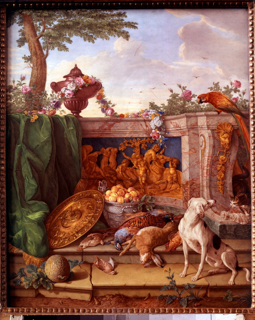 Plakette, die die Jagden von Ludwig XVI. darstellt: Detail, das einen Hund zeigt, der Wild bewacht von Jean Baptiste (after) Oudry