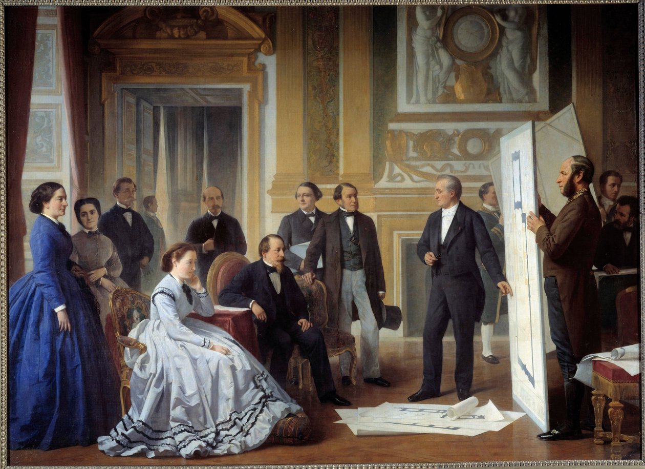 Der Architekt Louis Visconti präsentiert Napoleon III den Plan des neuen Louvre von Jean Baptiste Ange Tissier