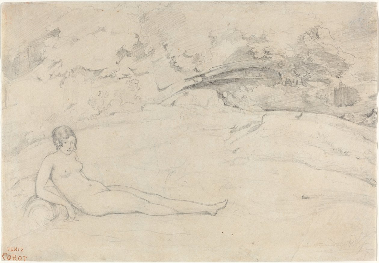 Ein Akt, der in einer Landschaft liegt, 1825-1828 von Jean Baptiste Camille Corot