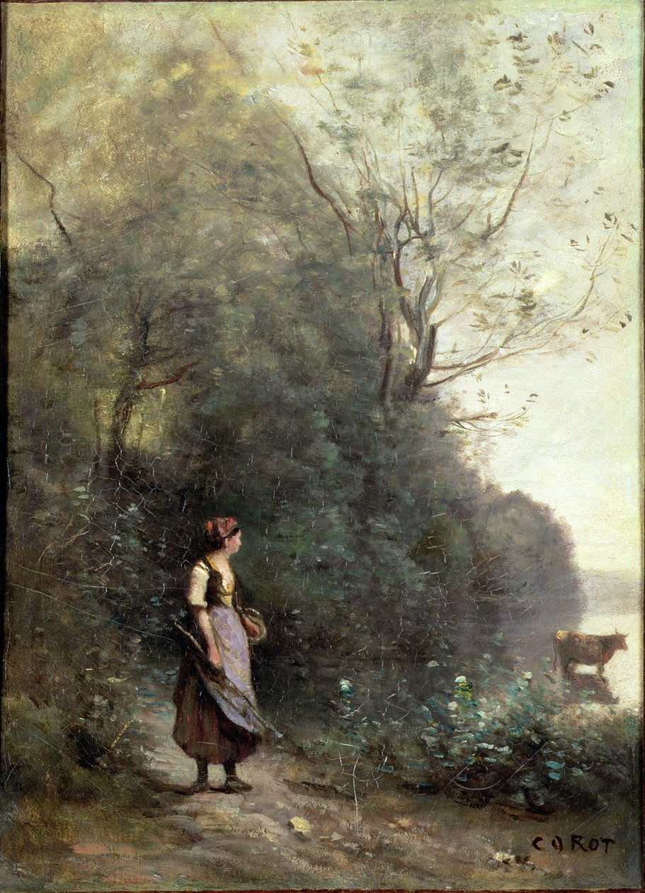 Eine Bäuerin weidet eine Kuh am Waldrand, ca. 1865-70 von Jean Baptiste Camille Corot