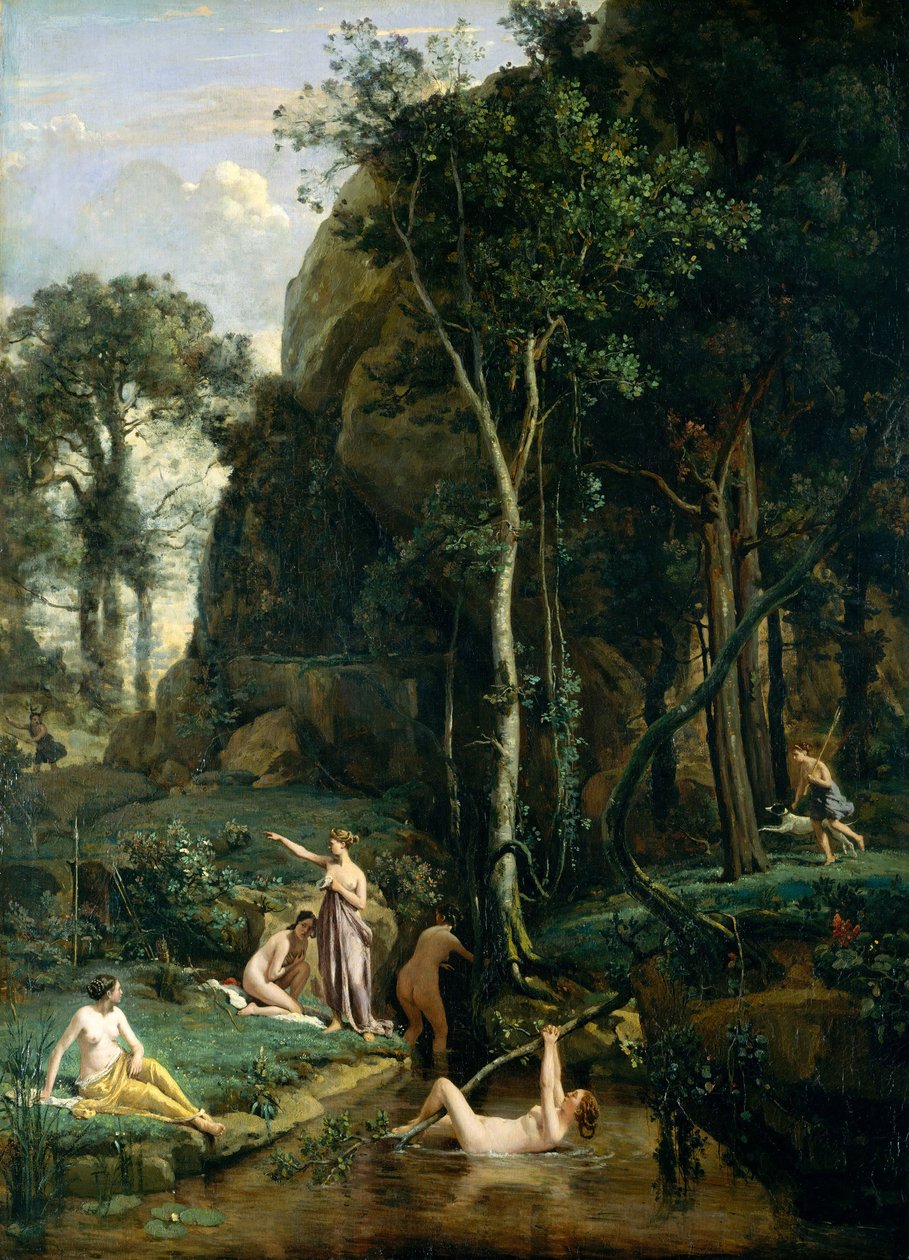Aktäon überrascht die Göttin Artemis (Diana) beim Baden mit ihren Gefährtinnen von Jean Baptiste Camille Corot