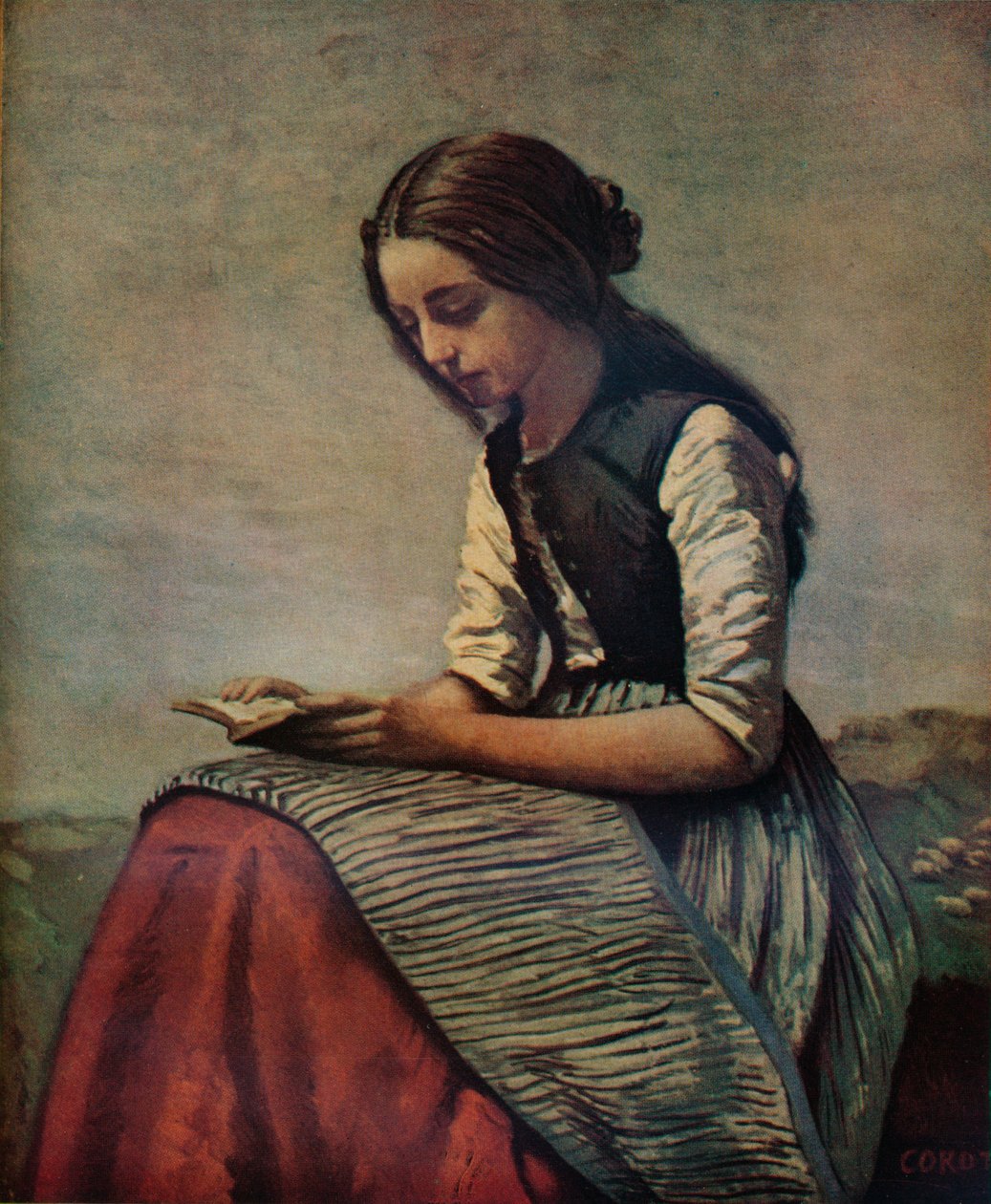 La petite Liseuse ou Jeune bergère assise et lisant, um 1855 von Jean Baptiste Camille Corot