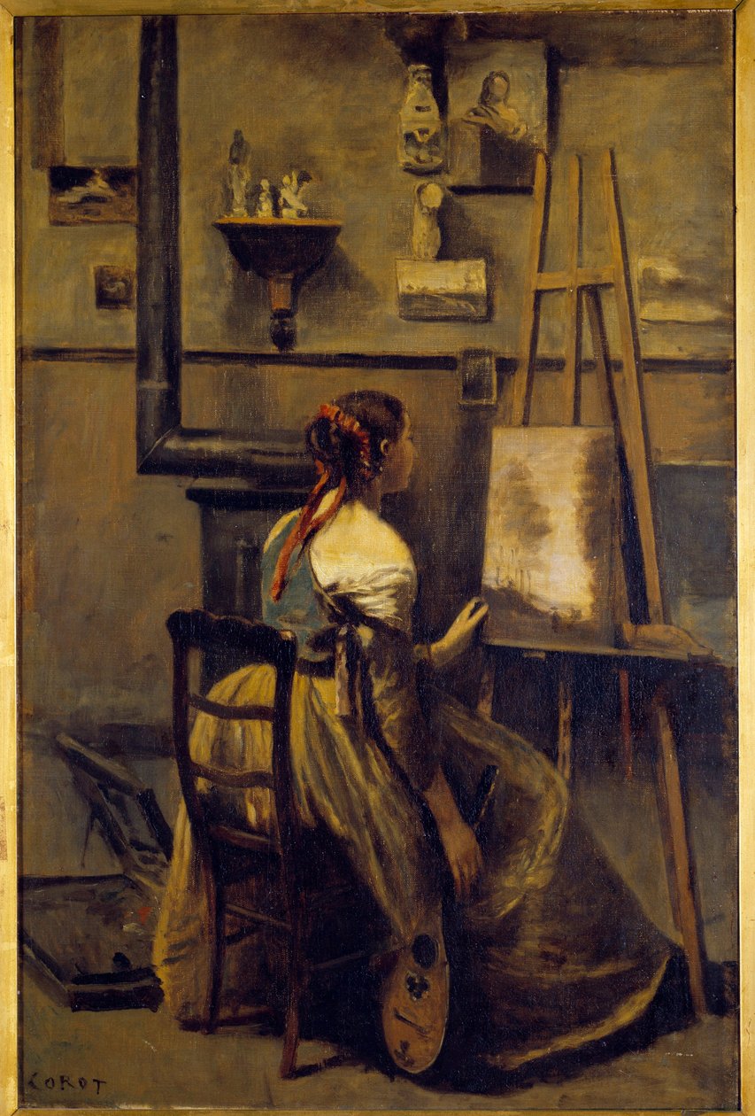 Das Atelier von Camille Corot, junge Frau vor einer Staffelei von Jean Baptiste Camille Corot