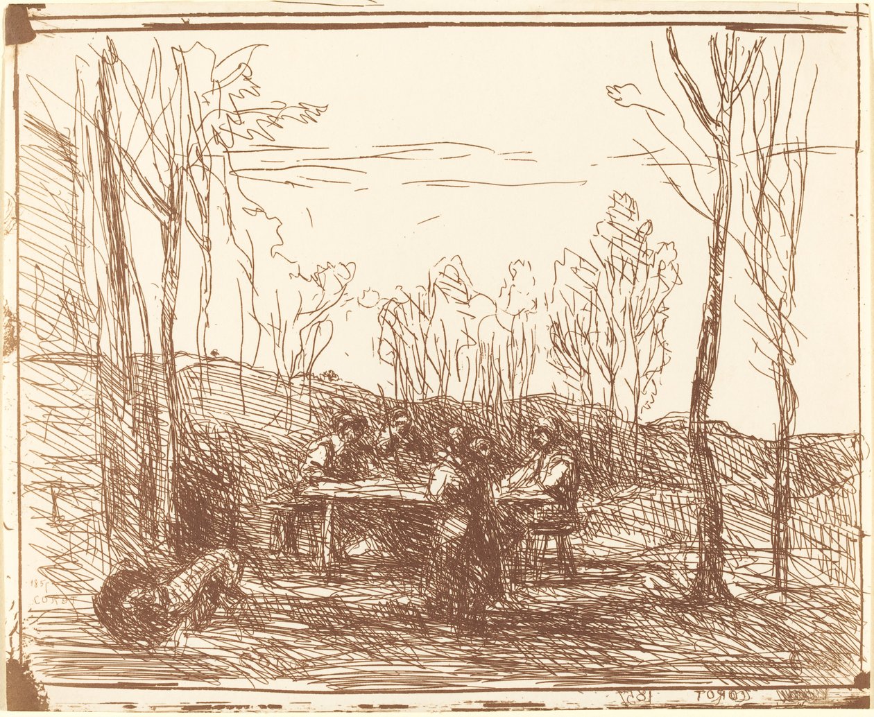 Mittagessen in einer Lichtung Un Déjeuner dans la clairière, 1857 von Jean Baptiste Camille Corot
