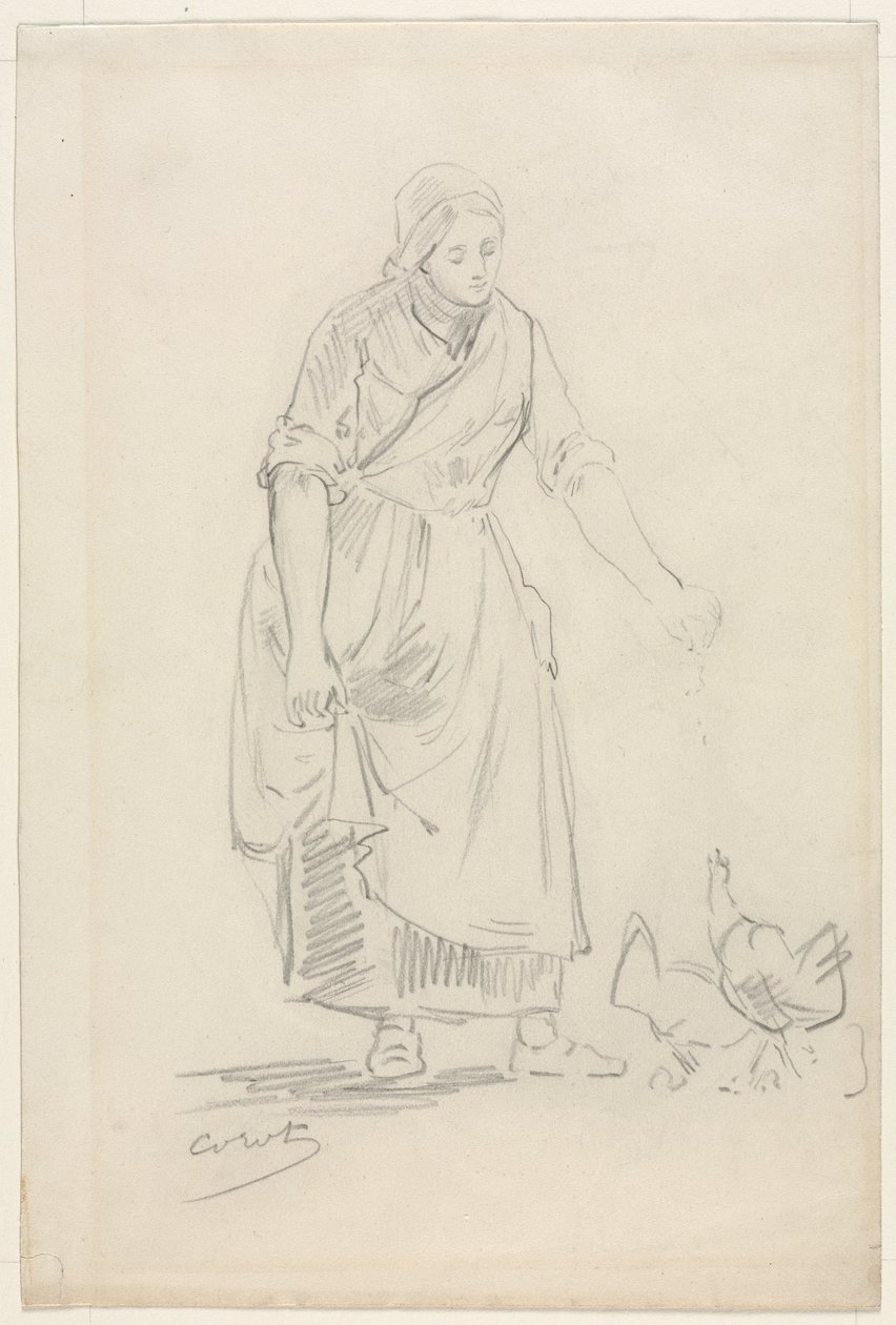 Bauernmädchen füttert Hühner von Jean Baptiste Camille Corot