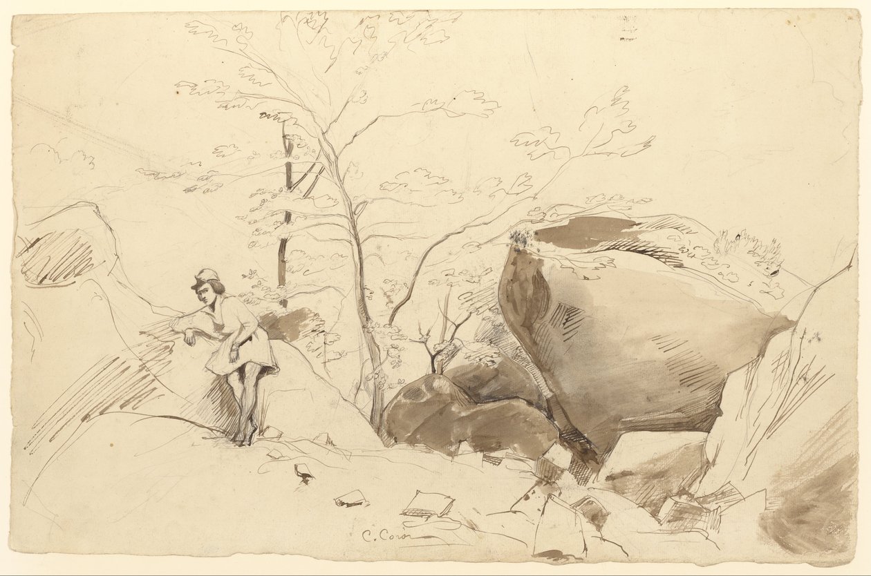 Feder und braune Tinte, Pinsel und braune Waschung über Bleistift auf Papier von Jean Baptiste Camille Corot