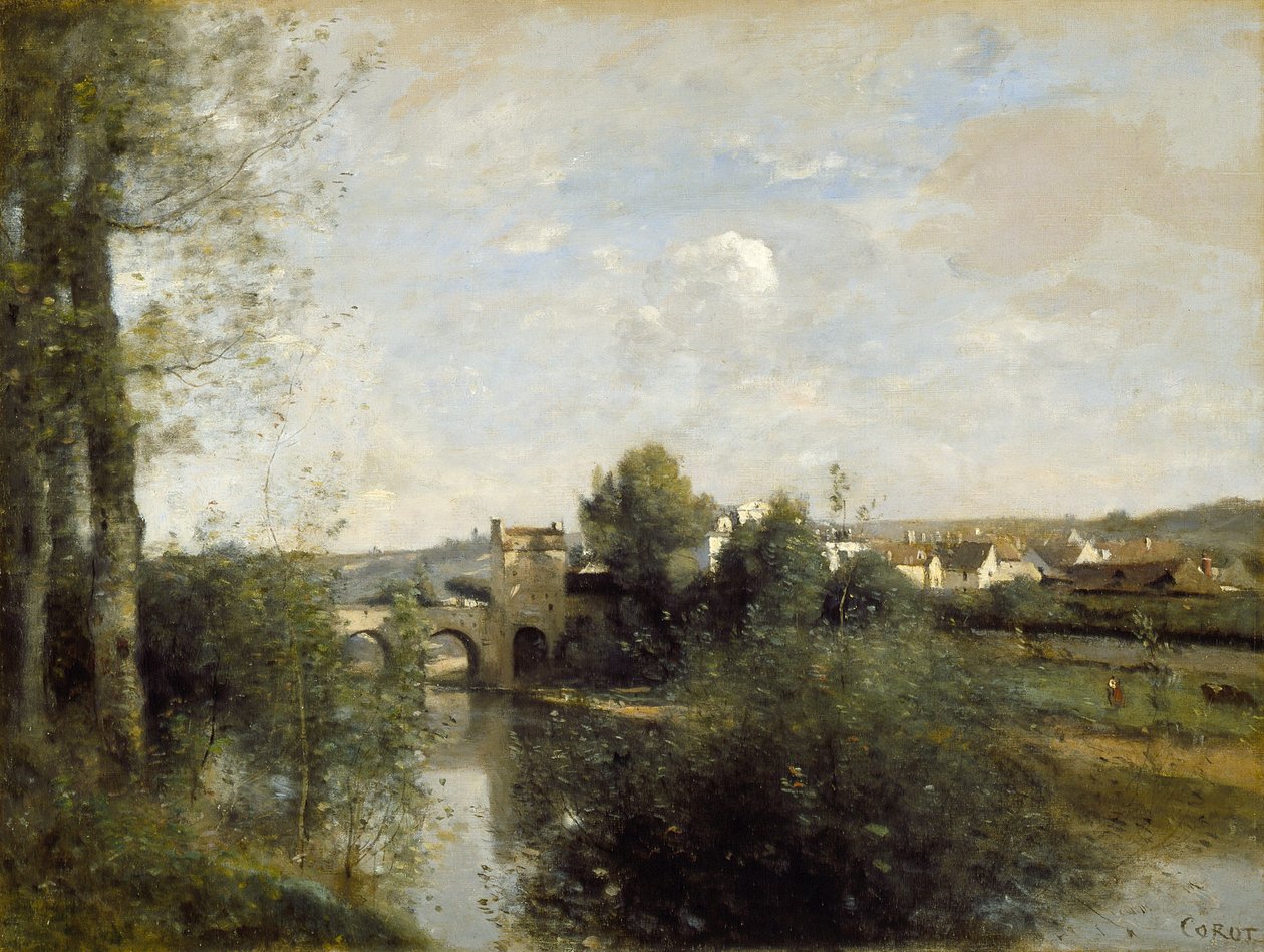 Seine und alte Brücke bei Limay von Jean Baptiste Camille Corot