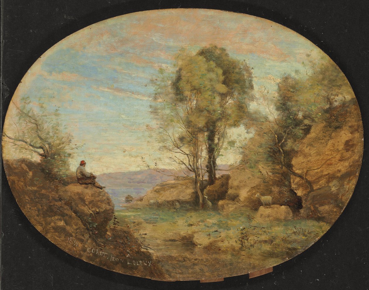 Hirte, der eine felsige Schlucht überblickt, 1859 von Jean Baptiste Camille Corot