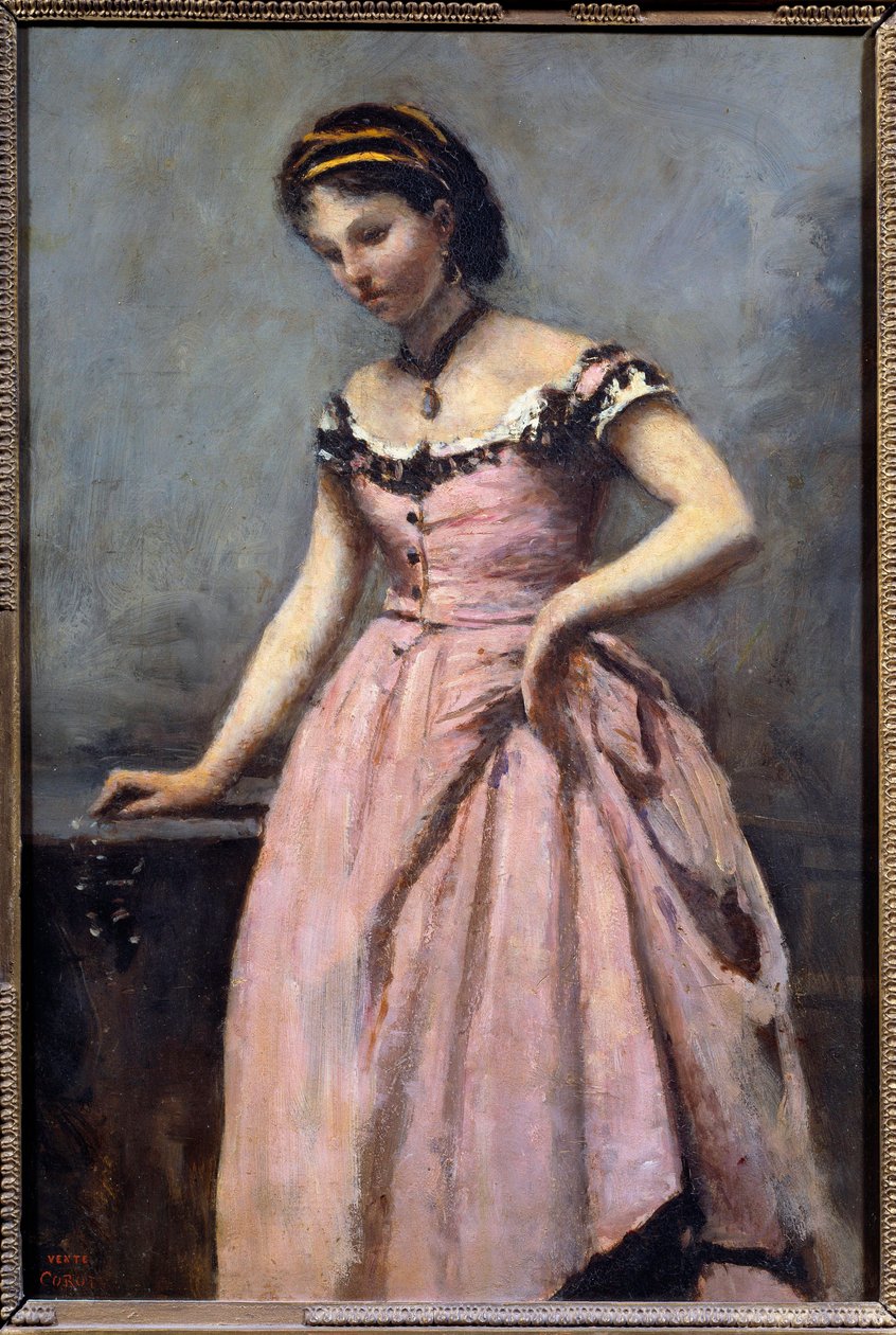 Junges Mädchen im rosa Kleid von Jean Baptiste Camille Corot