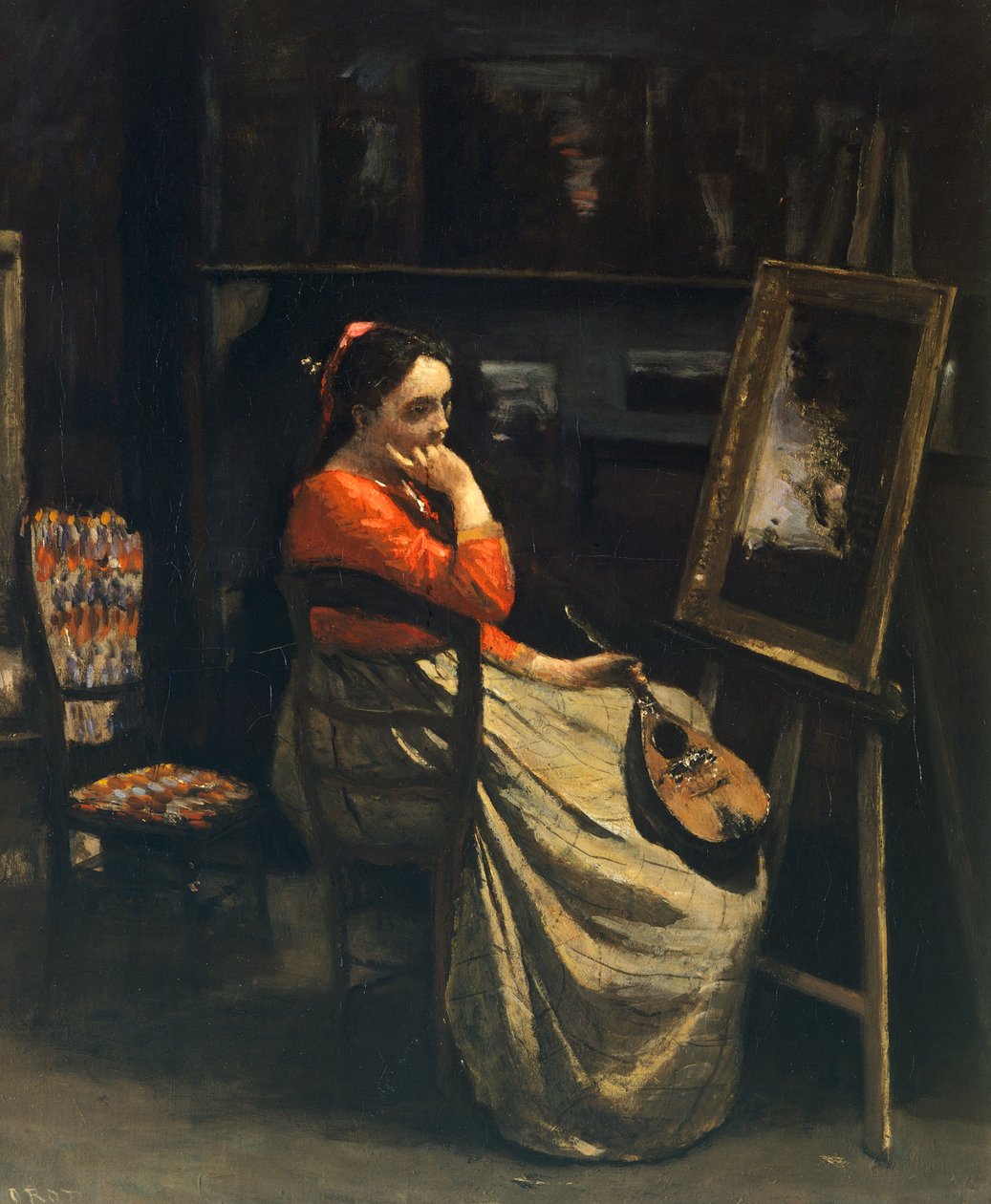 Junge Frau mit Mandoline (Atelier la mandoline) von Jean-Baptiste Camille Corot von Jean Baptiste Camille Corot