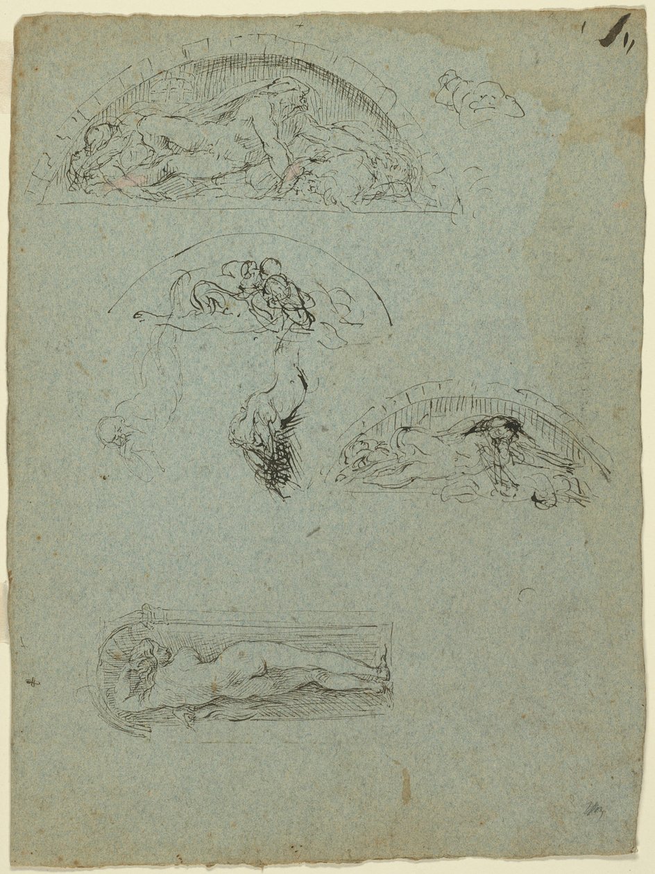 Stehende Figur in einer Nische und Studien für die Ugolino-Gruppe (recto); Rotgewandeter Prälat in einer Menschenmenge (verso) von Jean Baptiste Carpeaux