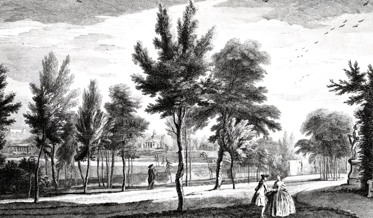 Ansicht der Elysischen Felder von der Quelle des Helikon, Stowe House Gardens, gestochen von George Bickham, 1753 von Jean Baptiste Claude Chatelain