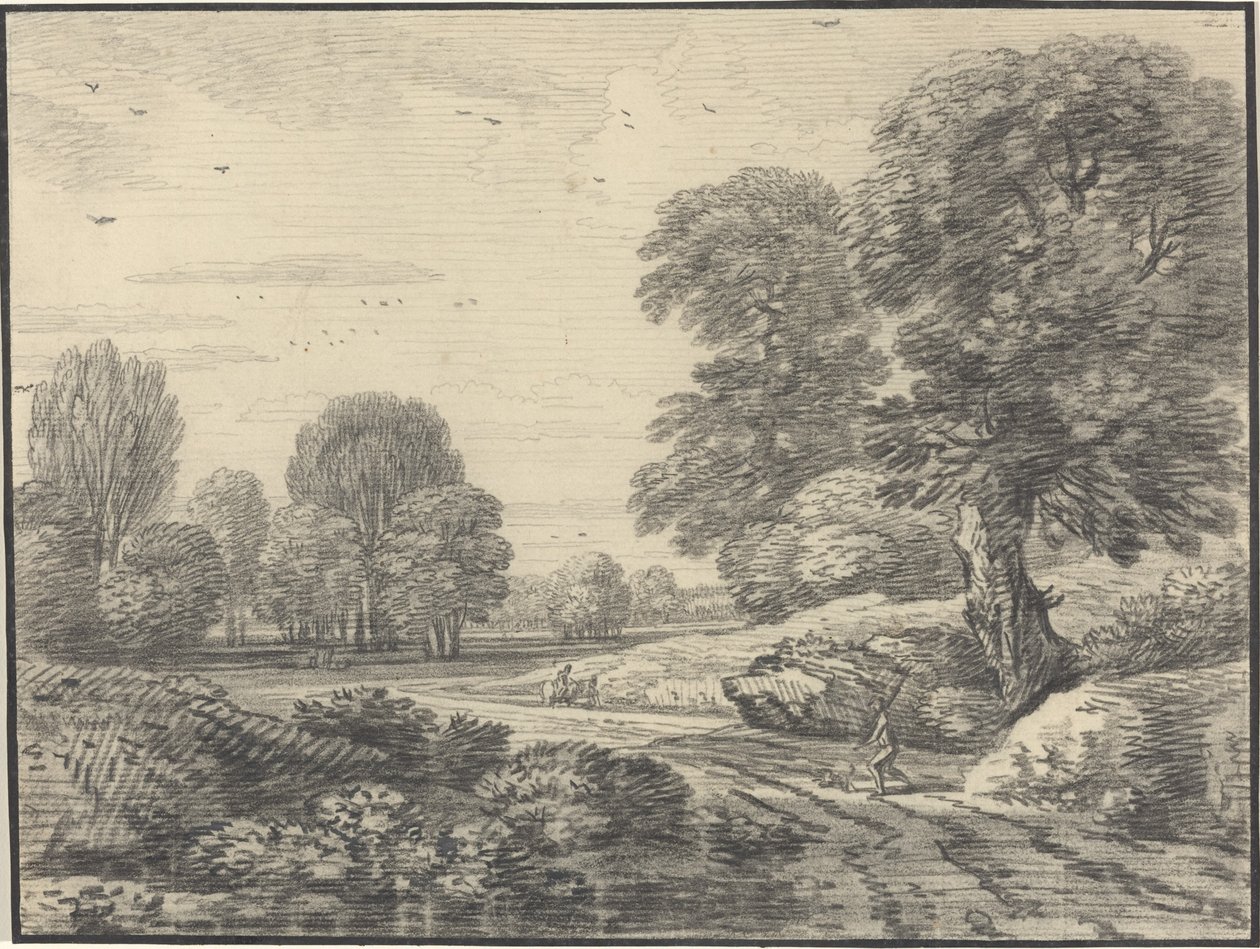 Reisende auf einer Straße in einer bewaldeten Landschaft von Jean Baptiste Claude Chatelain