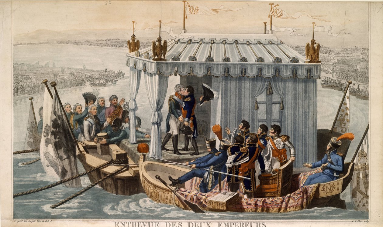 Treffen der Kaiser Alexander I. von Russland und Napoleon I. von Frankreich am Neman bei Tilsit im Juli von Jean Baptiste Debret