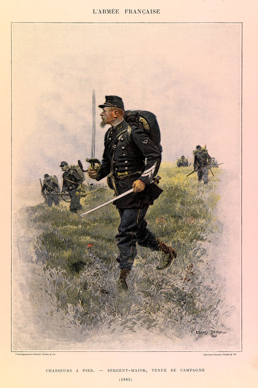 Typen und Uniformen der französischen Armee von Hauptmann Jules Richard, illustriert von Edouard Detaille (1848-1912): Fußjäger: Feldwebel in Felduniform im Jahr 1885, Privatbesitz von Jean-Baptiste Edouard Detaille