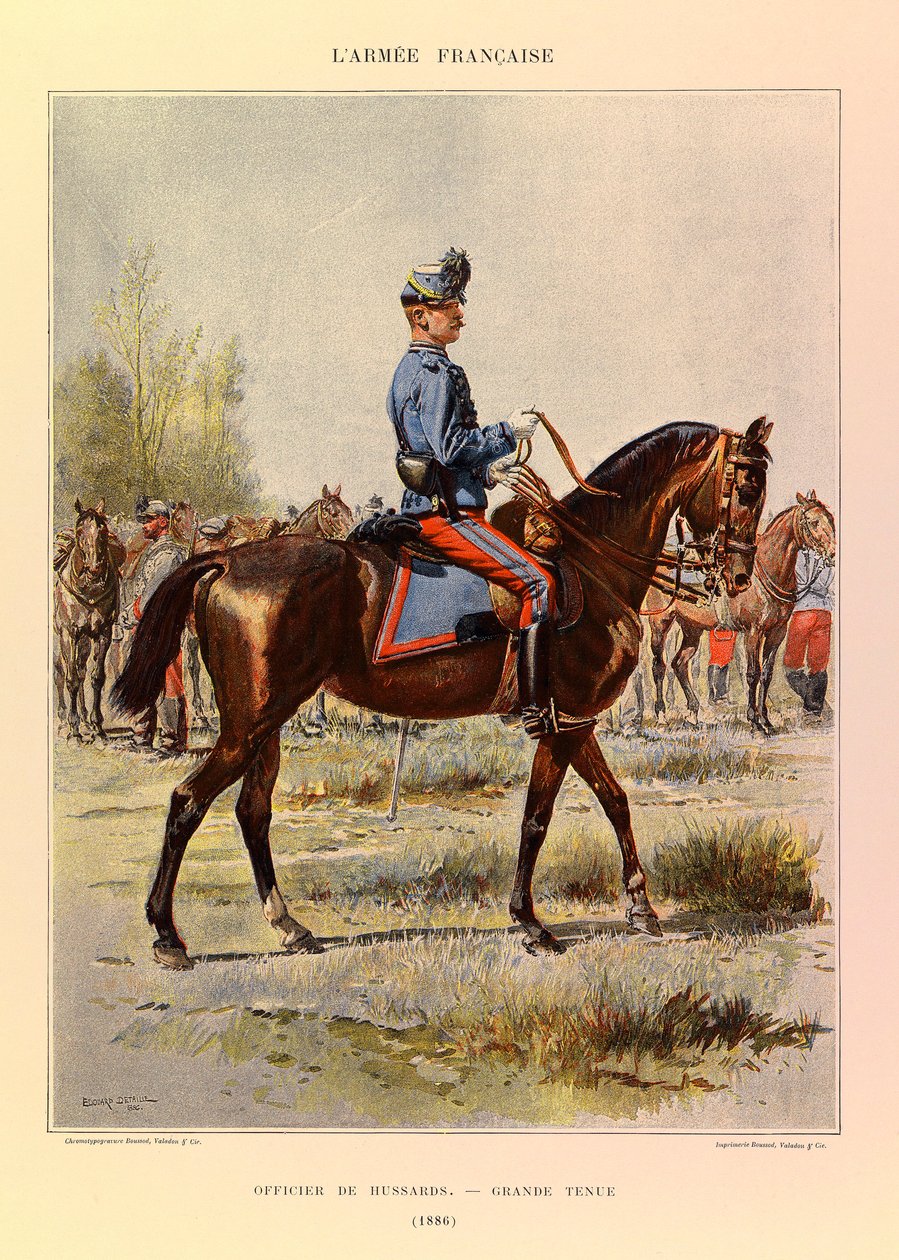 Typen und Uniformen der französischen Armee von Hauptmann Jules Richard, illustriert von Edouard Detaille: Offizier der Husaren in großer Uniform 1886, Private Sammlung von Jean-Baptiste Edouard Detaille