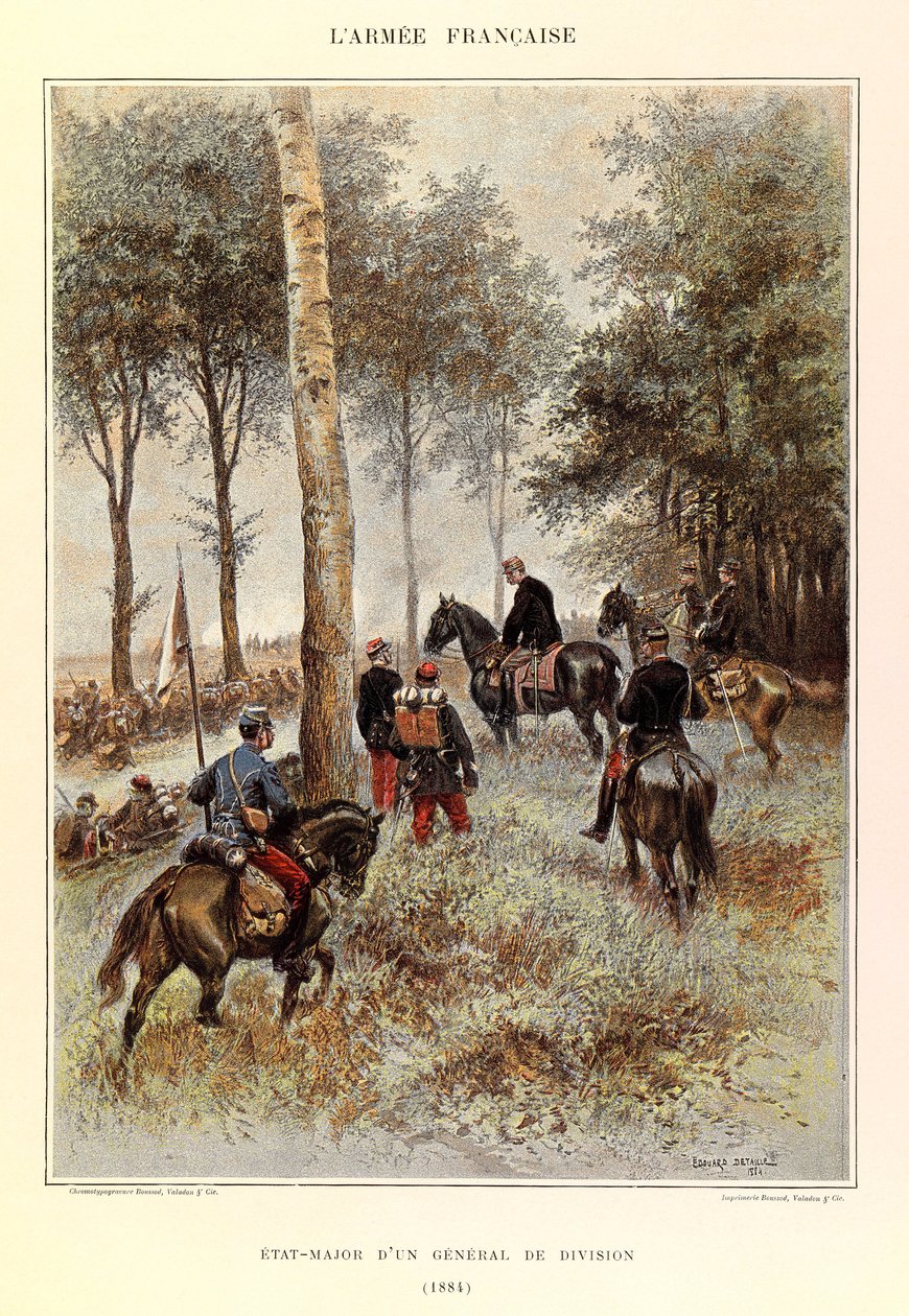 Typen und Uniformen der französischen Armee von Hauptmann Jules Richard, illustriert von Edouard Detaille (1848-1912): Stab eines Divisionsgenerals im Jahr 1884, Private Sammlung von Jean-Baptiste Edouard Detaille