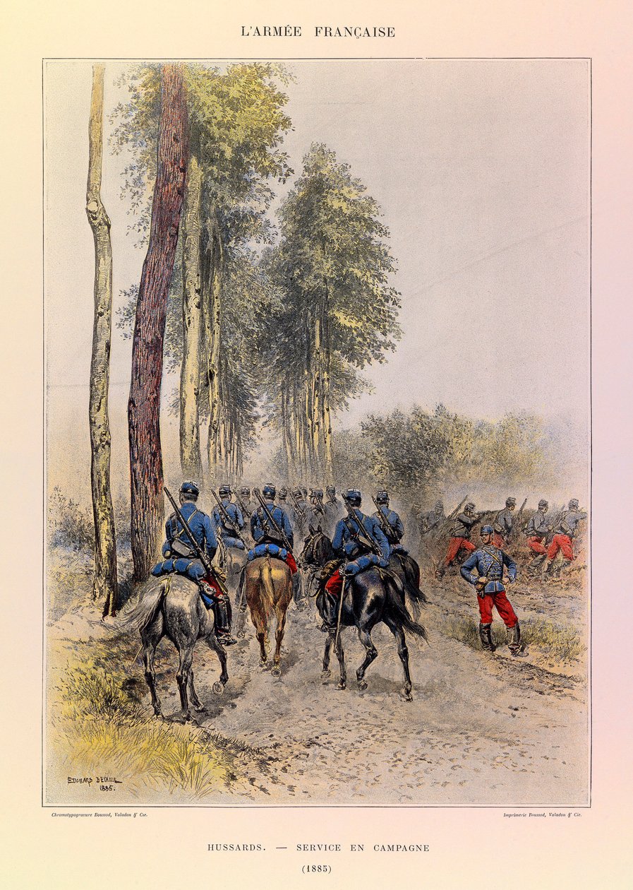 Typen und Uniformen der französischen Armee von Hauptmann Jules Richard, illustriert von Edouard Detaille: Husaren; Felddienst 1885 von Jean-Baptiste Edouard Detaille