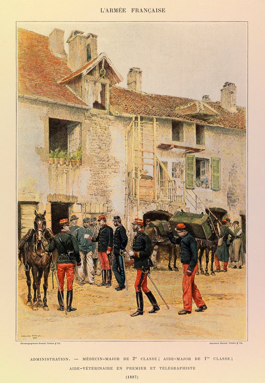 Typen und Uniformen der französischen Armee von Kapitän Jules Richard, illustriert von Edouard Detaille: Verwaltung: Medizinalmajor der 2. Klasse; Aide Major der 1. Klasse; Veterinäraide und Telegrafist 1887, Privatbesitz von Jean-Baptiste Edouard Detaille