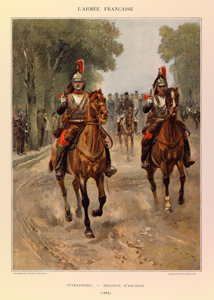 Typen und Uniformen der französischen Armee von Hauptmann Jules Richard, illustriert von Edouard Detaille: Kürassiere; Eskortzug 1885 von Jean-Baptiste Edouard Detaille