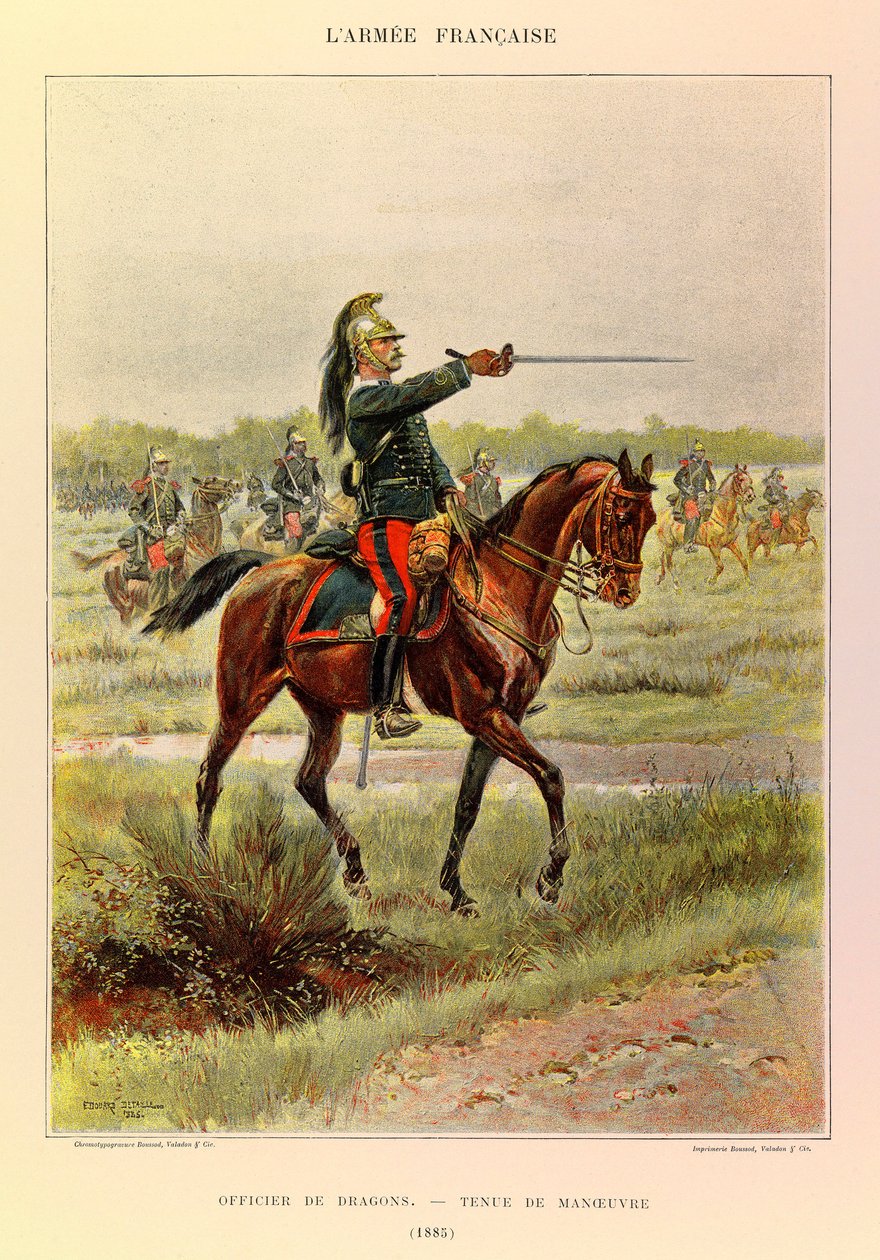Typen und Uniformen der französischen Armee von Hauptmann Jules Richard, illustriert von Edouard Detaille (1848-1912): Offizier der Dragoner in Manöveranzug im Jahr 1885, Privatbesitz von Jean-Baptiste Edouard Detaille