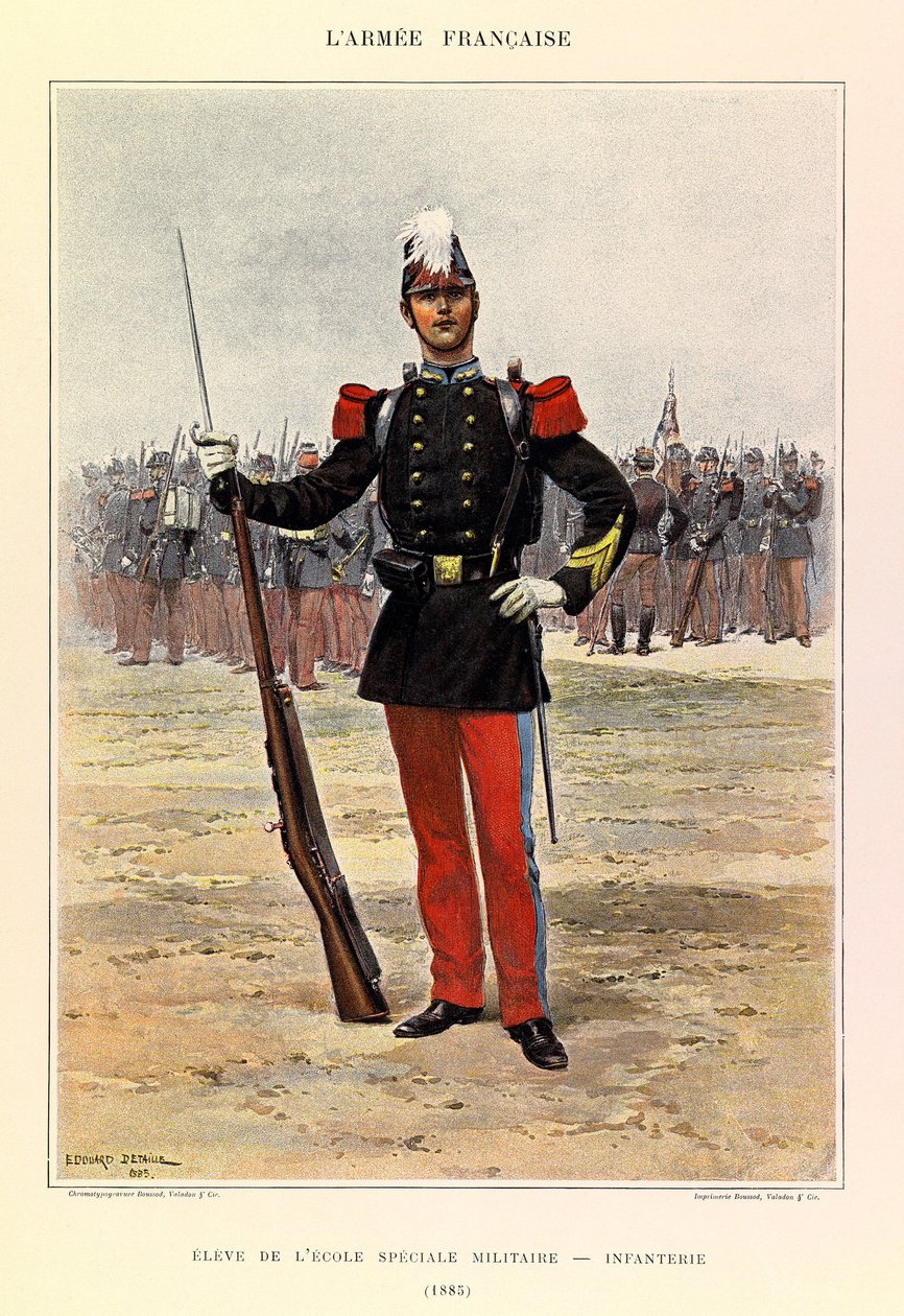 Typen und Uniformen der französischen Armee von Hauptmann Jules Richard, illustriert von Edouard Detaille (1848-1912): Schüler der speziellen Militärschule: Infanterie im Jahr 1885, Privatbesitz von Jean-Baptiste Edouard Detaille