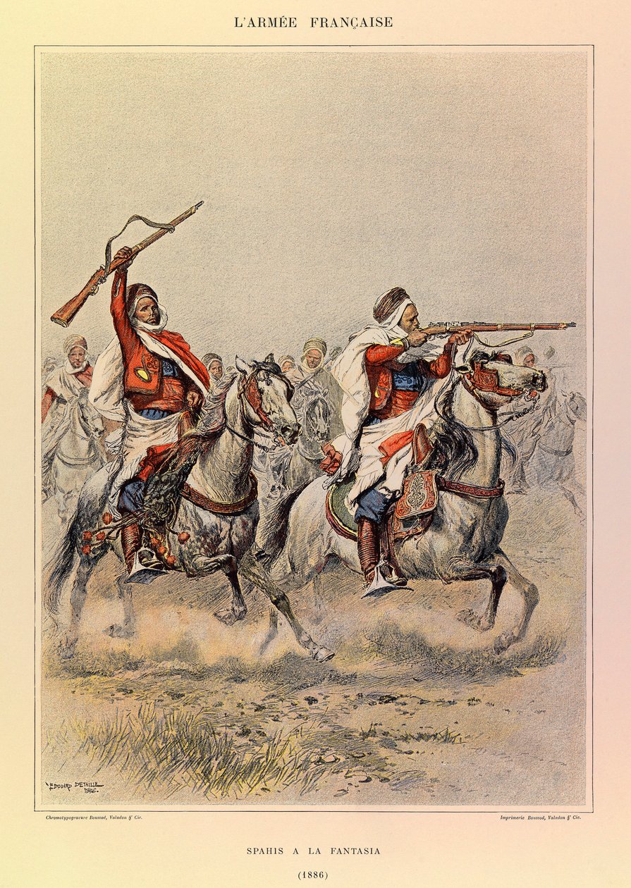 Typen und Uniformen der französischen Armee von Hauptmann Jules Richard, illustriert von Edouard Detaille (1848-1912): Spahis à la Fantasia im Jahr 1886, Privatbesitz von Jean-Baptiste Edouard Detaille