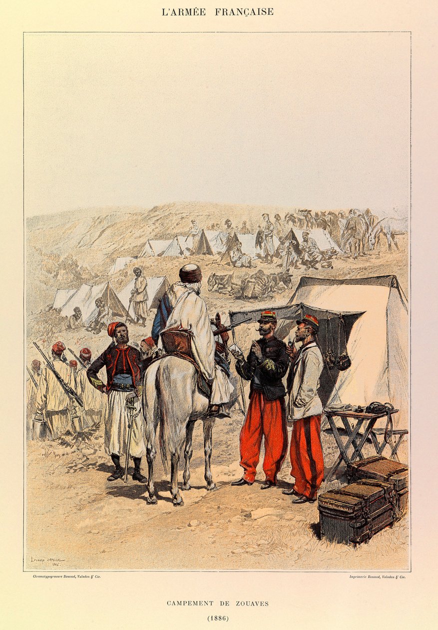 Typen und Uniformen der französischen Armee von Hauptmann Jules Richard, illustriert von Edouard Detaille (1848-1912): Lager der Zouaven im Jahr 1886, Privatbesitz von Jean-Baptiste Edouard Detaille