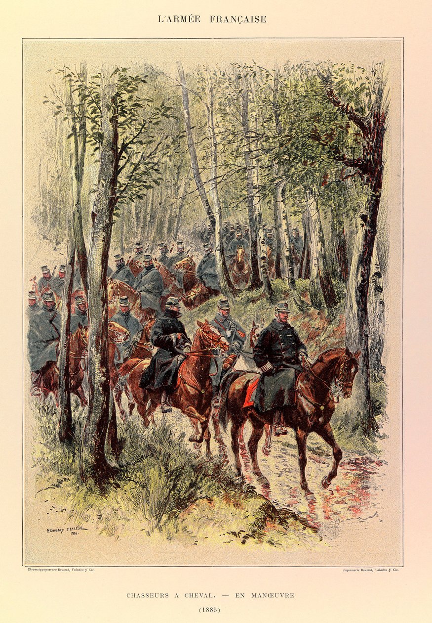 Typen und Uniformen der französischen Armee von Hauptmann Jules Richard, illustriert von Edouard Detaille (1848-1912): Jäger zu Pferd bei Manövern im Jahr 1885, Privatbesitz von Jean-Baptiste Edouard Detaille