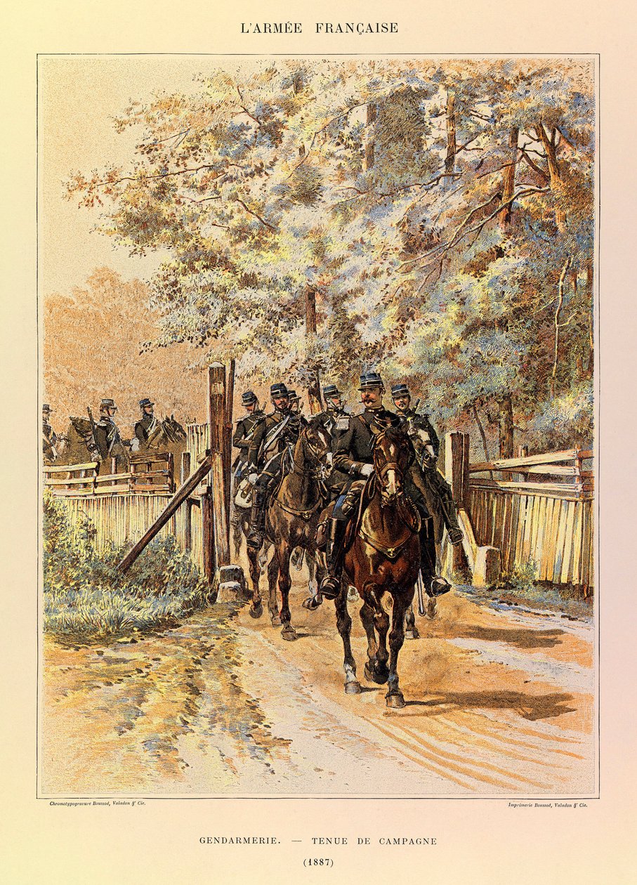 Typen und Uniformen der französischen Armee von Hauptmann Jules Richard, illustriert von Edouard Detaille: Gendarmerie in Felduniform, 1887 von Jean-Baptiste Edouard Detaille