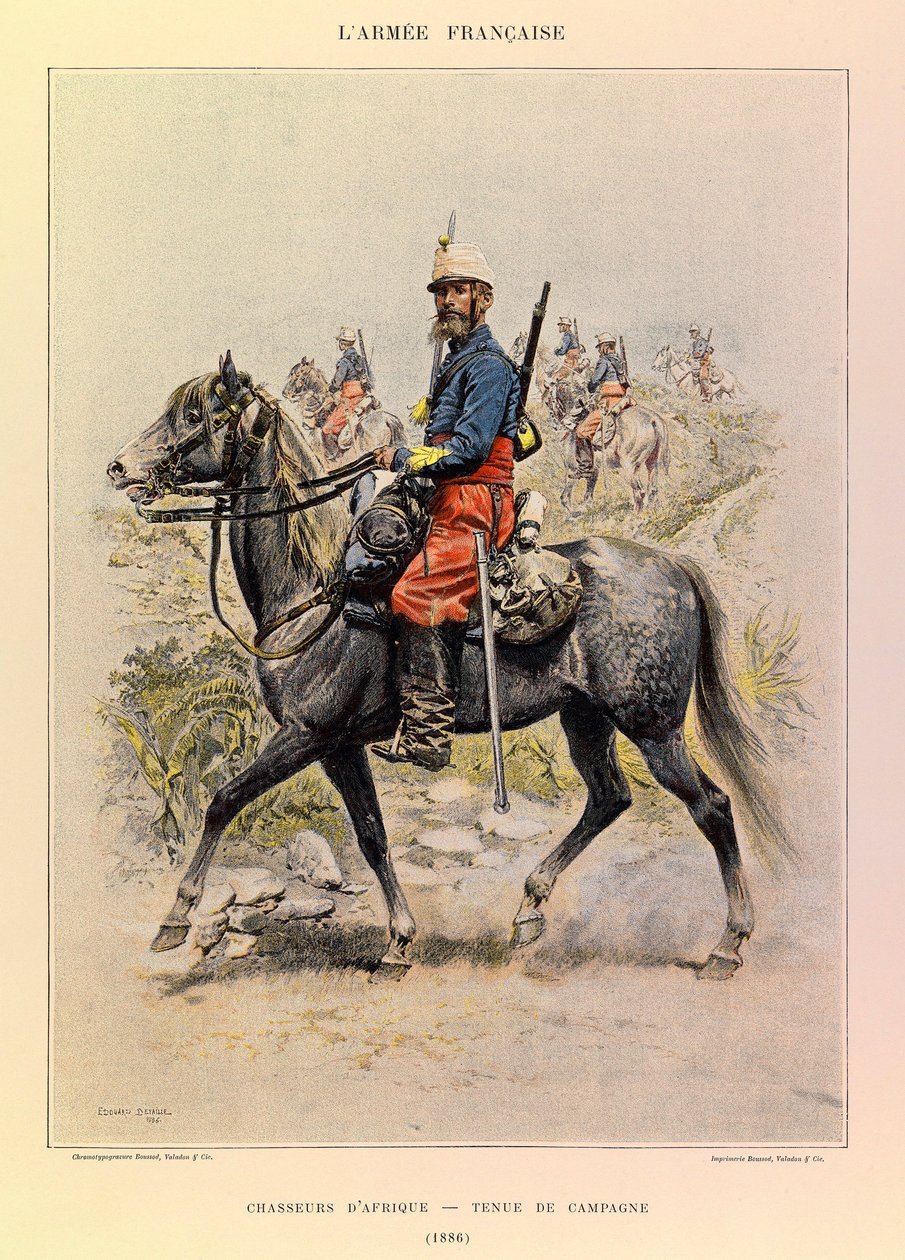 Typen und Uniformen der französischen Armee von Hauptmann Jules Richard, illustriert von Edouard Detaille: Afrikanische Jäger in Landestracht, 1886 von Jean-Baptiste Edouard Detaille