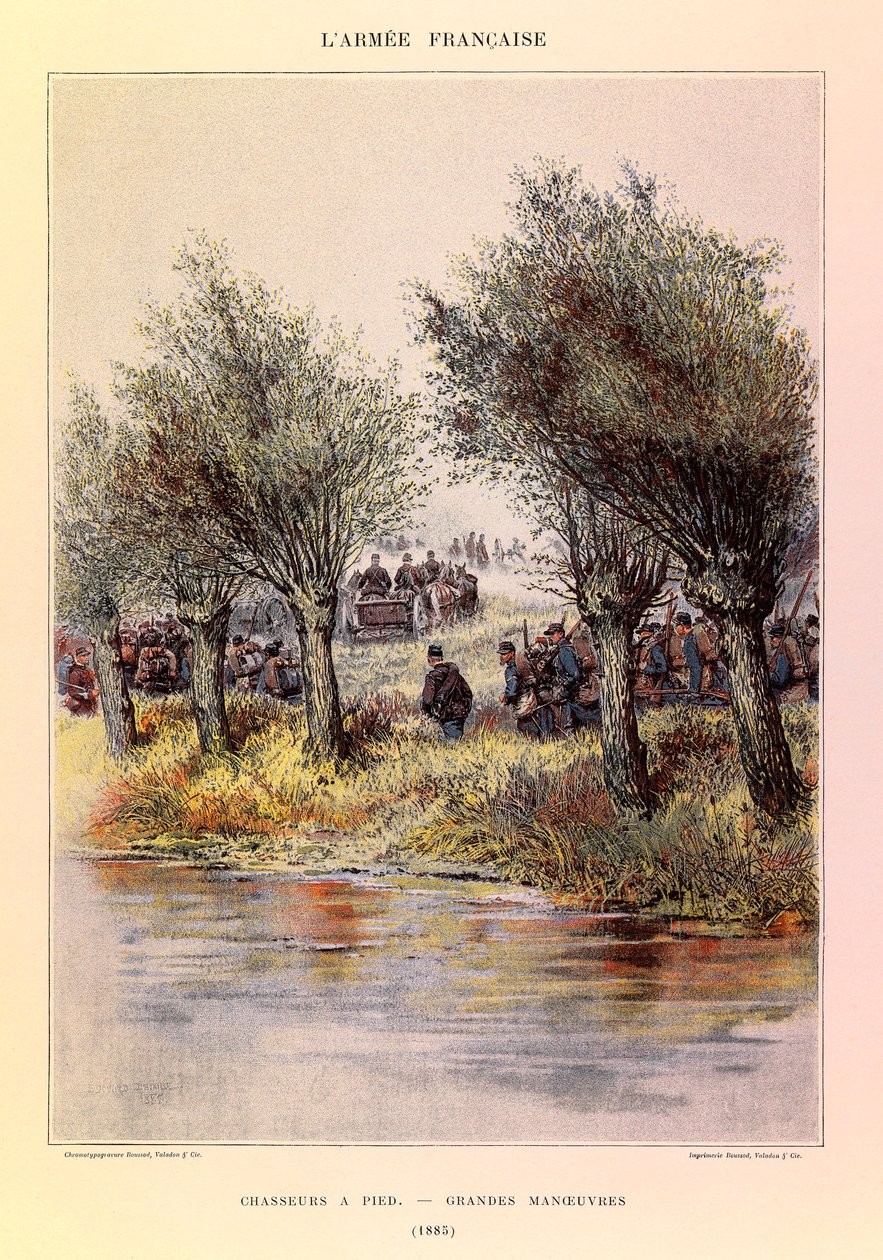 Typen und Uniformen der französischen Armee von Hauptmann Jules Richard, illustriert von Edouard Detaille: Fußjäger; die großen Manöver, 1885 von Jean-Baptiste Edouard Detaille