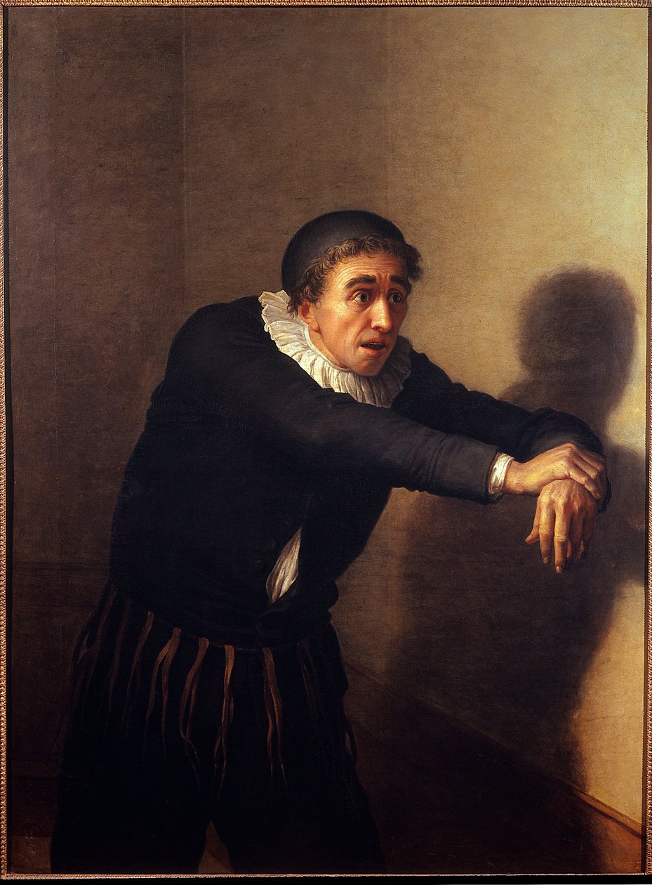 Grandmesnil in der Rolle des Harpagon. Der Komödiant Grandmesnil (Pseudonym Jean-Baptiste Fauchard) (1737-1816) spielt die Figur des Harpagon in Molières Stück „Der Geizige“ (Jean Baptiste Poquelin) im Jahr 1790. Gemälde von Jean Baptiste Desoria (1758-183 von Jean Baptiste Francois Desoria