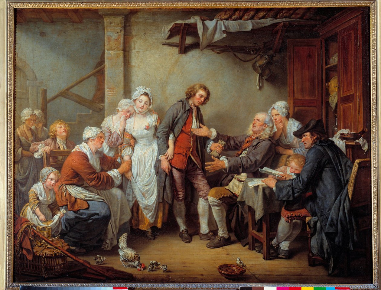 Das Dorfabkommen. Der Vater der Braut übergibt die Mitgift an seinen Schwiegersohn. Gemälde von Jean Baptiste Greuze, 1761 von Jean Baptiste Greuze
