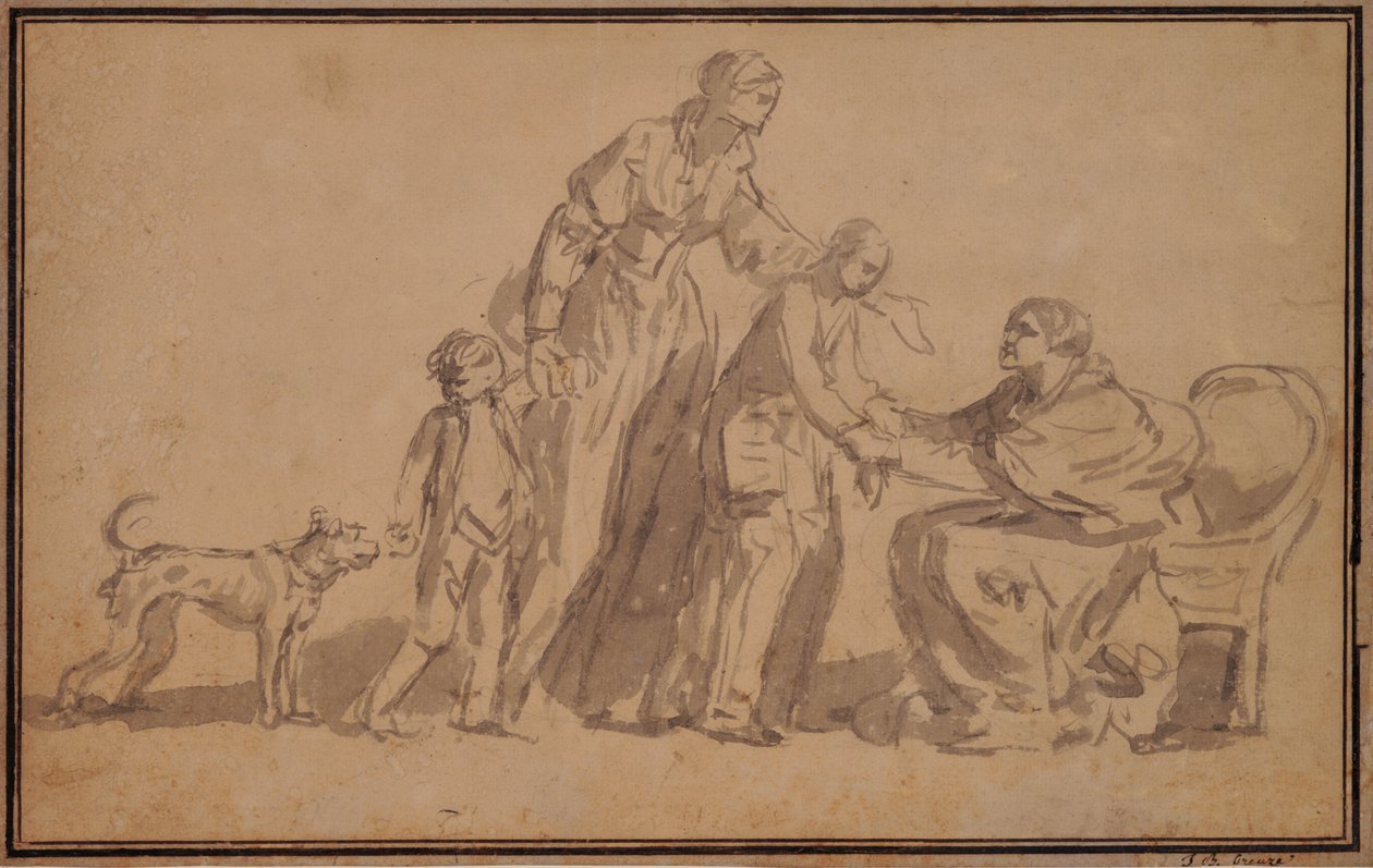 Zwei Kinder und Mutter von einer alten Krankenschwester begrüßt von Jean Baptiste Greuze