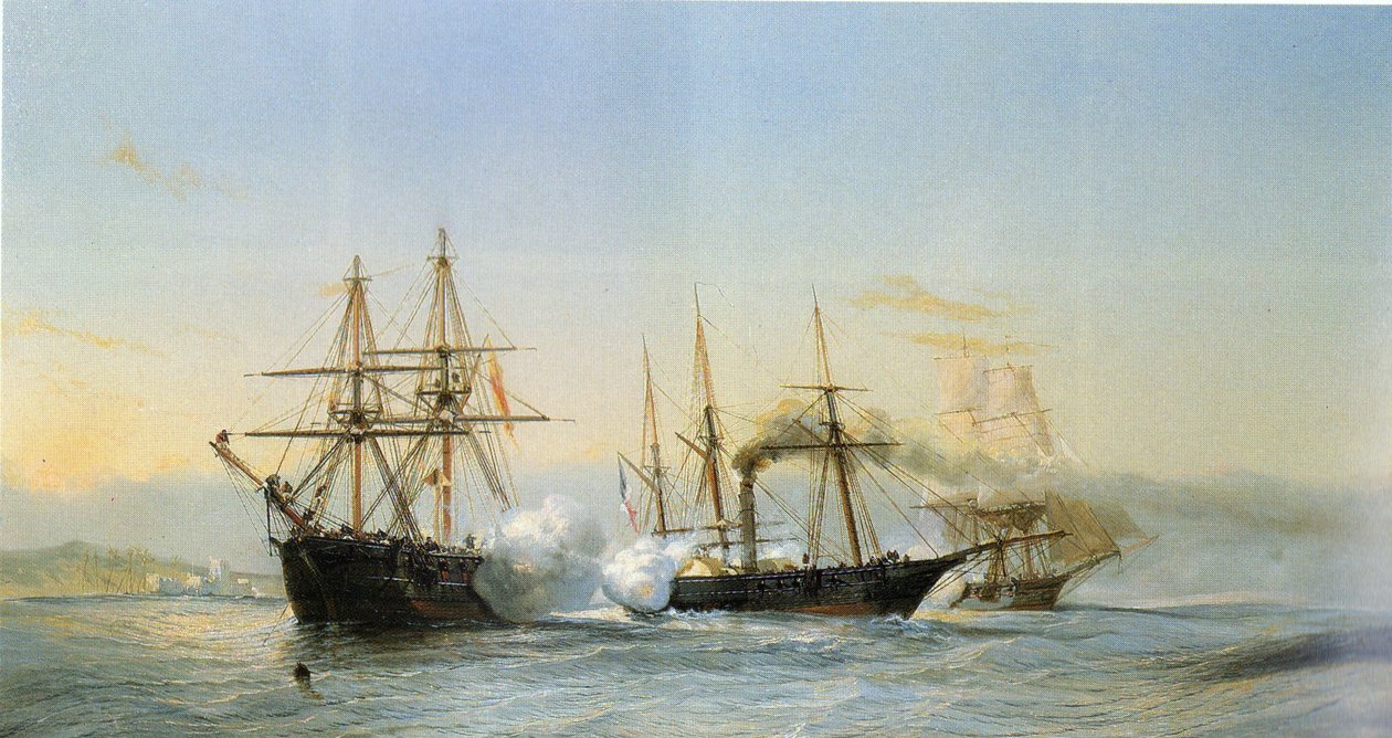 Seeschlacht vor der marokkanischen Küste zwischen zwei marokkanischen Briggs und einer französischen Raddampferkorvette anlässlich der Bombardierung von Mogador durch das französische Geschwader 1844 von Jean Baptiste Henri Durand Brager