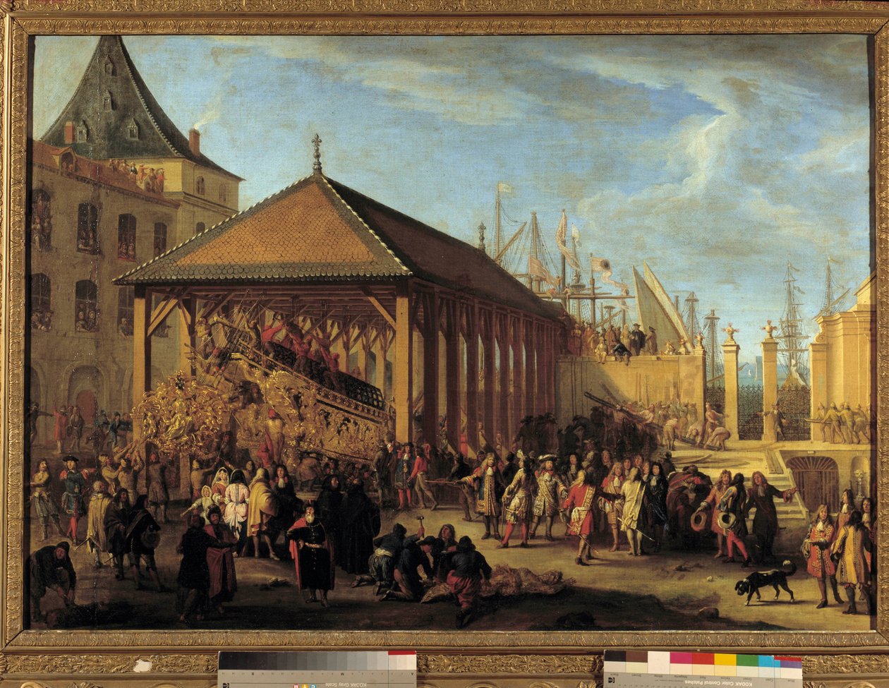 Jean Baptiste (Jean-Baptiste) Colbert (1651-1690) Marquis de Seignelay und Louis Victor (Louis-Victor) de Rochechouart, Herzog von Mortemart und Vivonne (1636-1688), General der Galeeren und Admiral der Levante-Marine, besuchen die Galeere Reale von Jean Baptiste I de La Rose